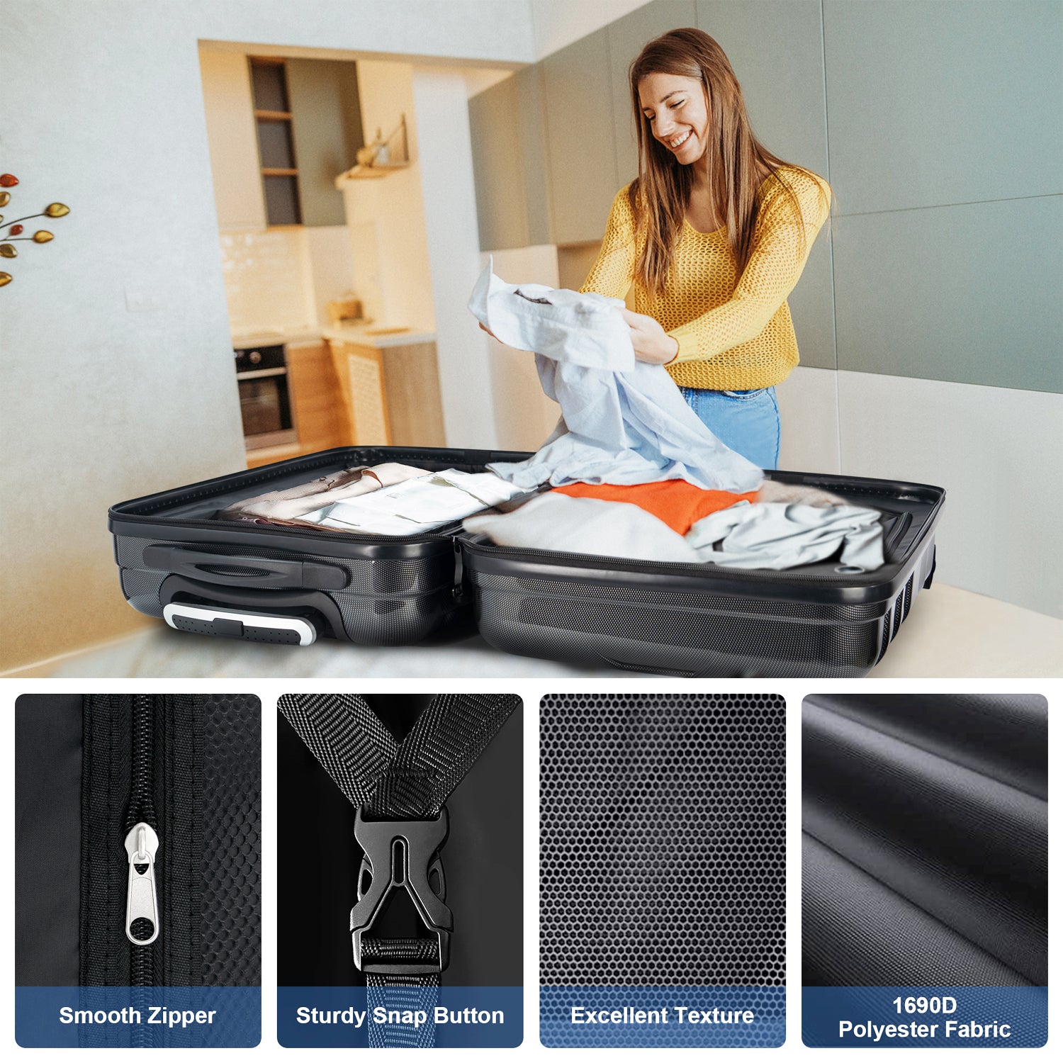 Luggage 3 Piece Sets With Spinner Wheels Abs Pc Lightweight Tsa Lock 20' 24' 28' , Polka Dot Black Abs Pc