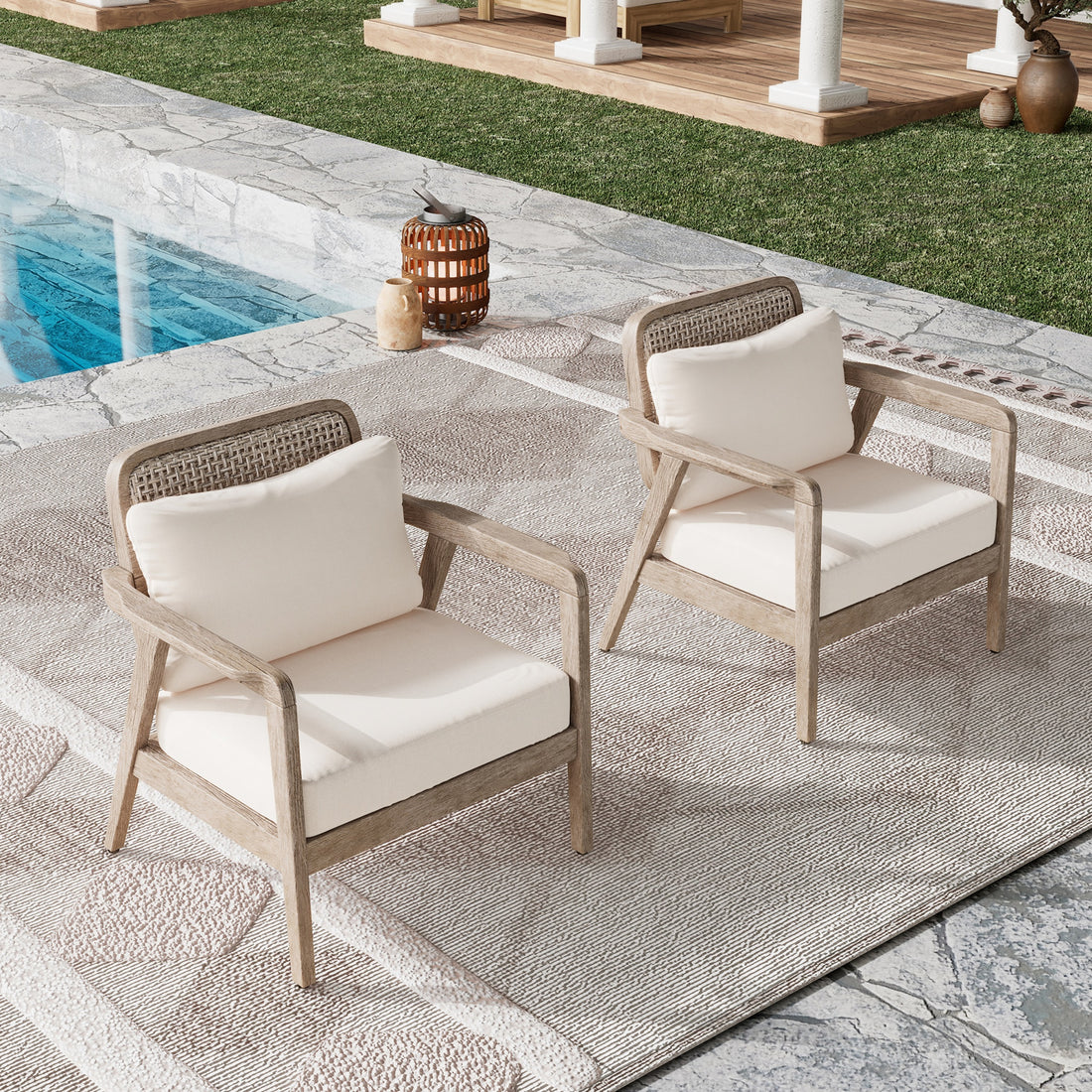 Set Of 2 Outdoor Acacia Wood Patio Club Chair, Patio Furniture,Waterproof Thick Cushion Deep Seating For Porch, Garden, Backyard, Balcony, Weight Capacity 400Lbs, Light Brown Finish, Cream Cushion Yes Deep Seating Light Brown Garden & Outdoor Foam Acacia