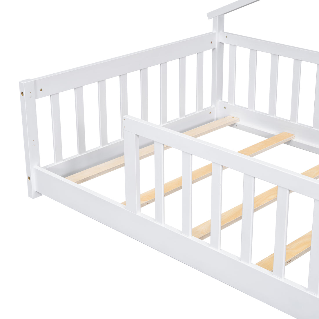 Twin House Shaped Bedside Floor Bed With Guardrails, Slats, Without Door,White Twin White American Design Pine