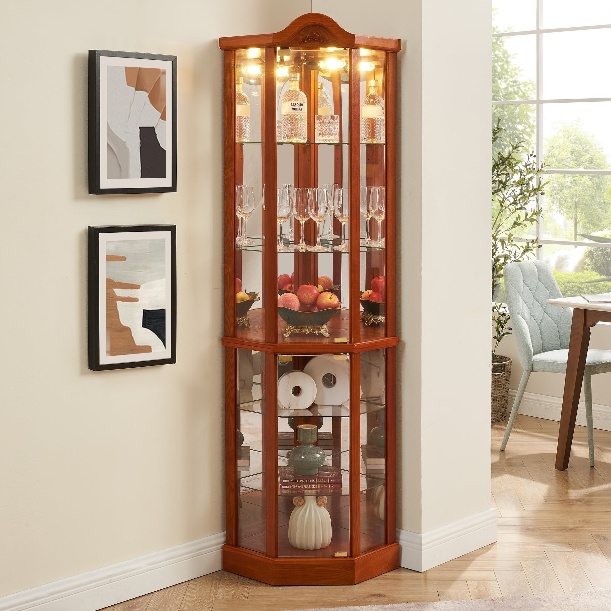 Glass Cabinet Lighted Corner Cabinet Corner Display Curio Cabinet, Glass Display With Light Included Bar Cabinet,Wine Cabinet With Adjustable Glass Shelves Carved Decoration Oak Light Included Oak