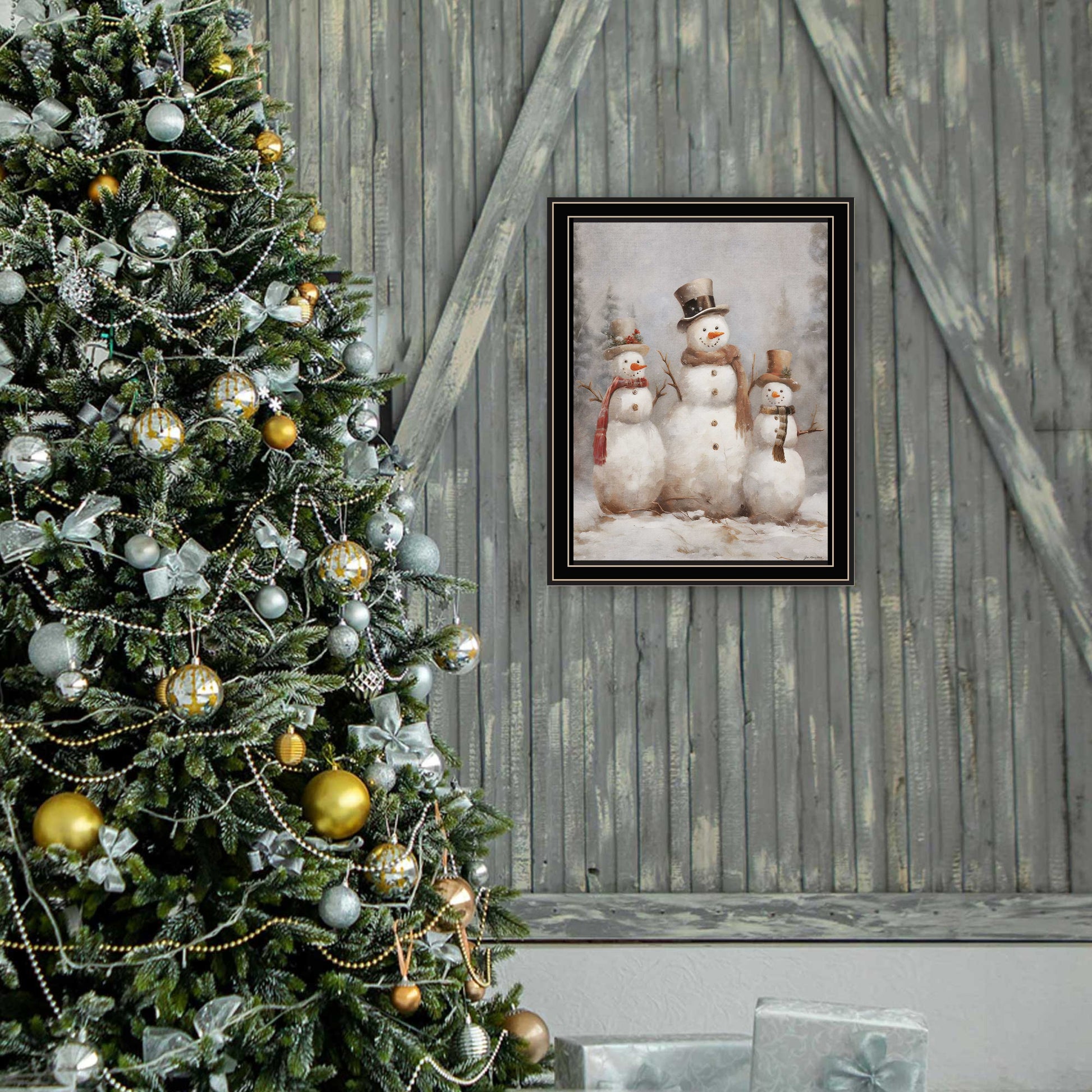 Three Snowman Pals Black Framed Wall Art For Living Room, Holiday Wall Art Print For Home Decor, Bedroom Wall Art By Jo Moulton Multicolor Wood Paper