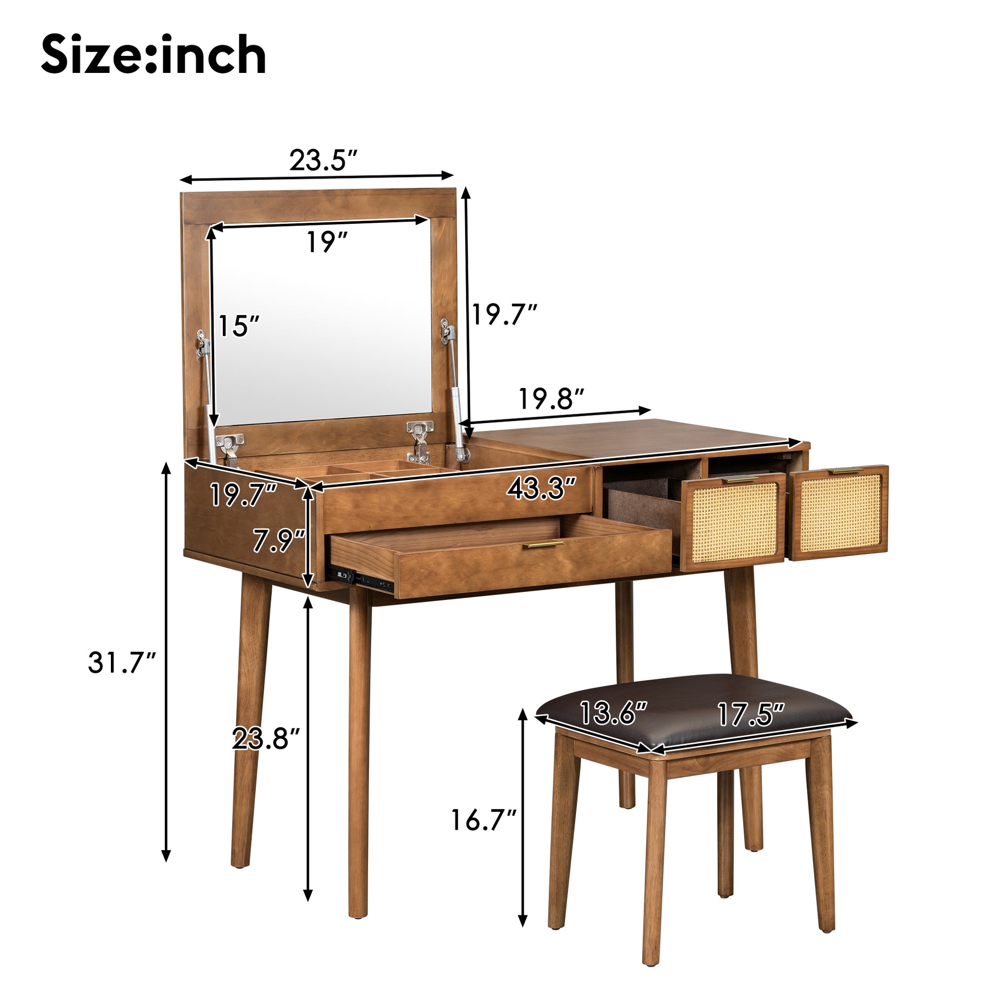 43.3" Classic Wood Makeup Vanity Set With Flip Top Mirror And Stool, Dressing Table With Three Drawers And Storage Space, Brown Brown Solid Wood Mdf