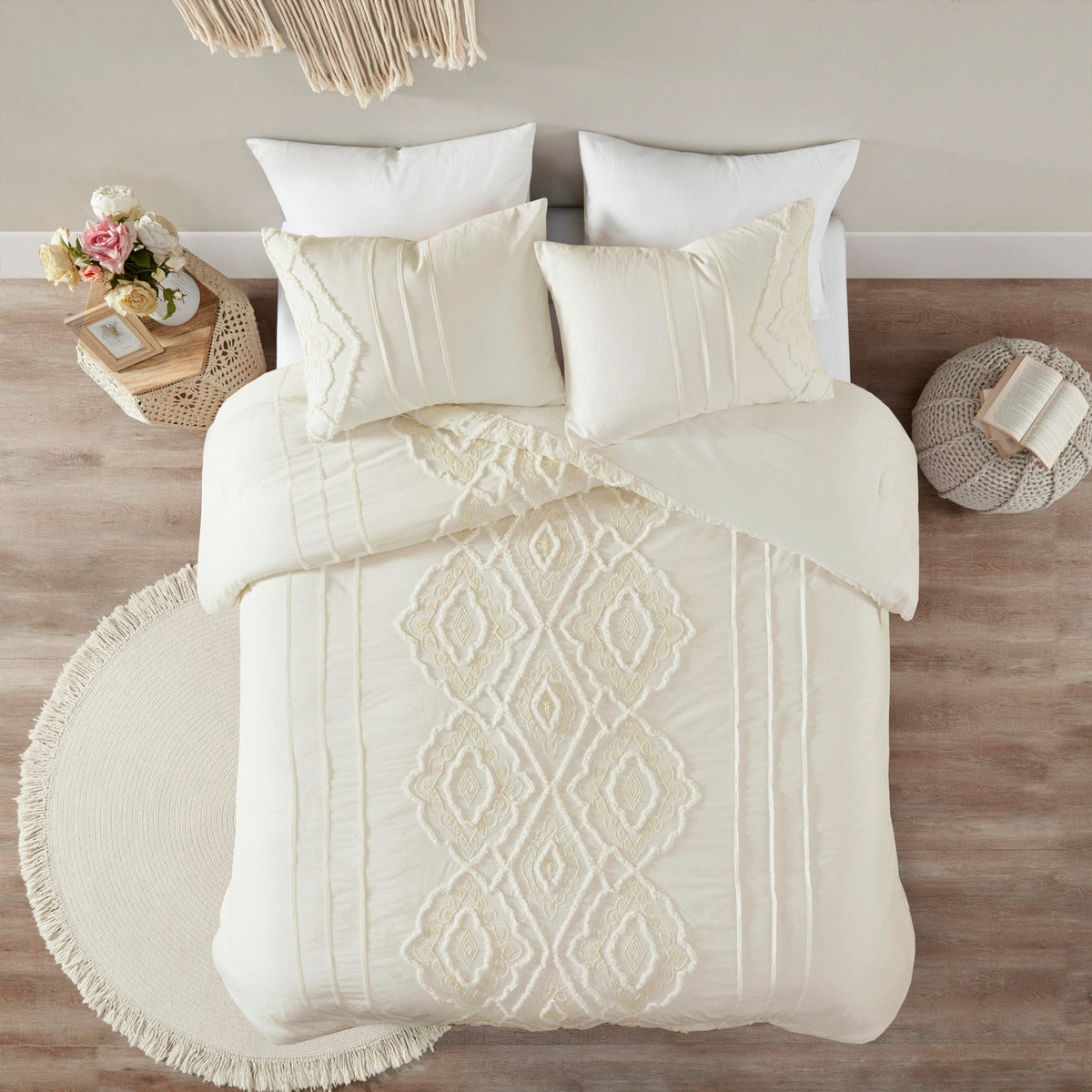 3 Piece Cotton Duvet Cover Set Queen Off White Cotton