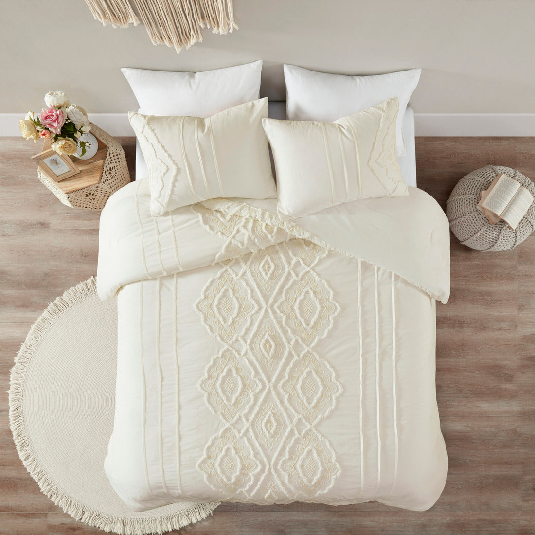 3 Piece Cotton Duvet Cover Set Queen Off White Cotton