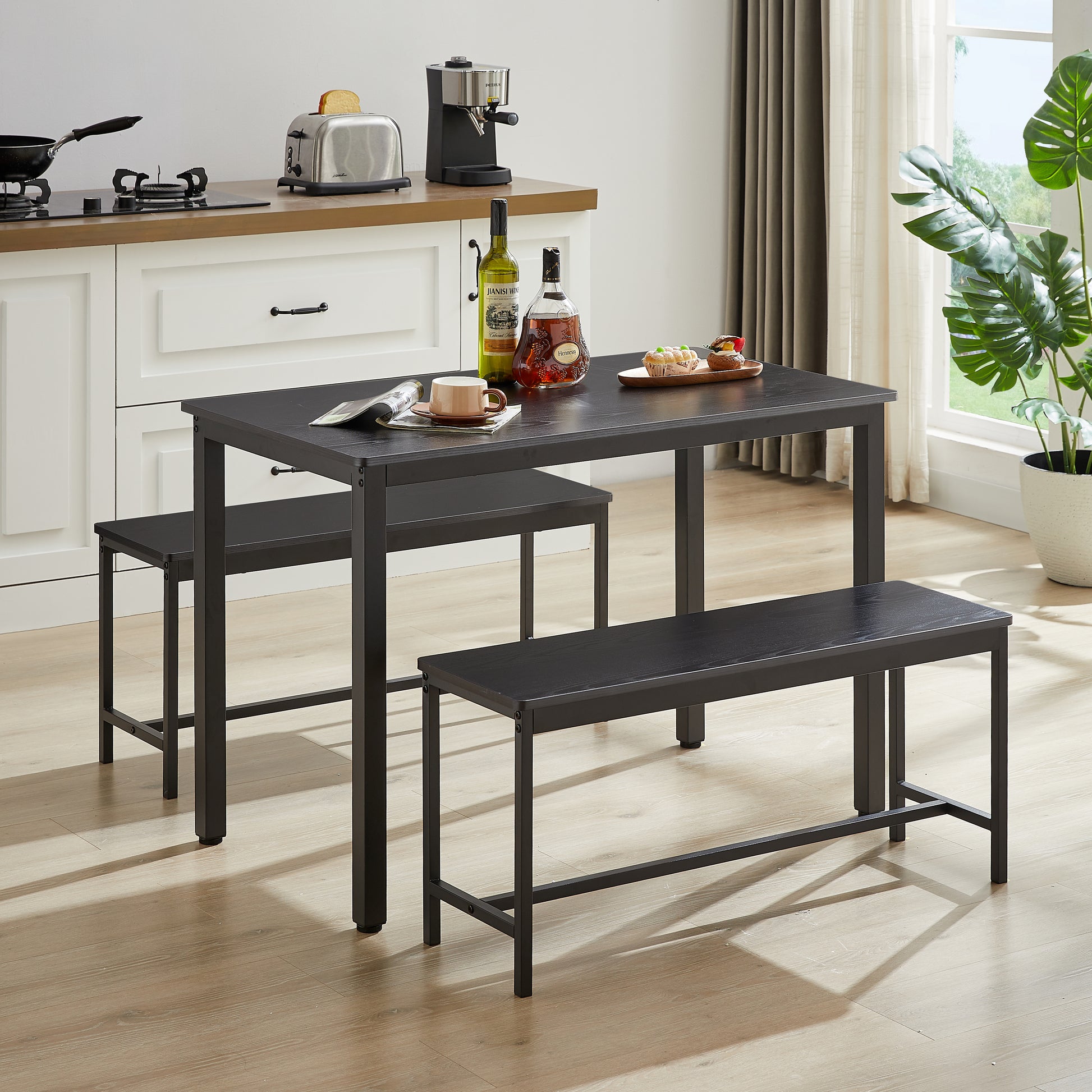 Dining Table Set, Bar Table With 2 Dining Benches, Kitchen Table Counter With Chairs, Industrial For Kitchen Breakfast Table, Living Room, Party Room, Black43.3 L X23.6 W X 29.9 H Black Particle Board