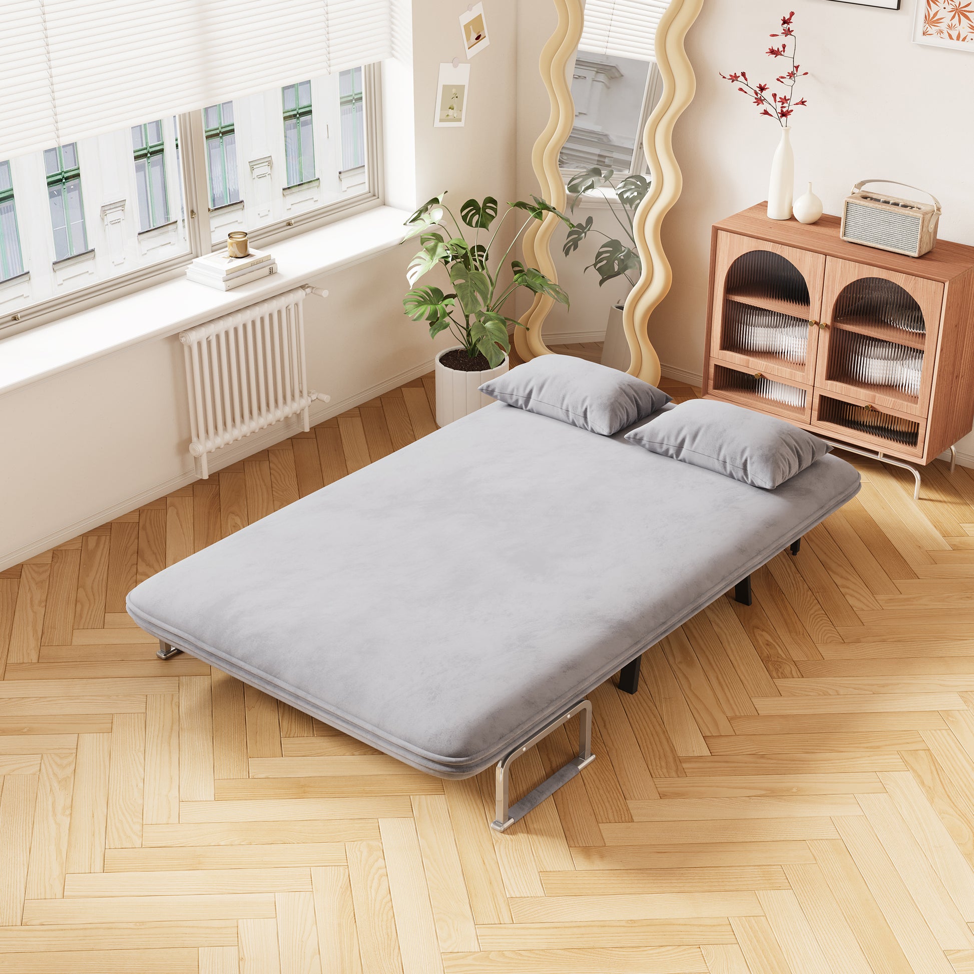 39 Convertible Chair Bed, Tri Fold Sofa Bed With Adjustable Backrest & Pillow, Leisure Chaise Lounge Couch With Sturdy Steel Frame For Home & Office, Comfortable Sleeper Chair Light Grey Dutch Velvet Light Grey Velvet Contemporary Polyurethane Foam Metal