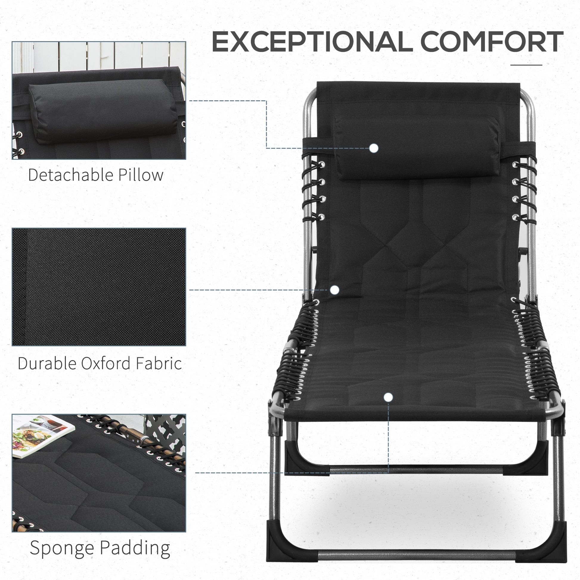 Outsunny Padded Folding Chaise Lounge Chair, Outdoor 6 Level Reclining Camping Tanning Chair With Headrest For Beach, Yard, Patio, Pool, Black Black Steel