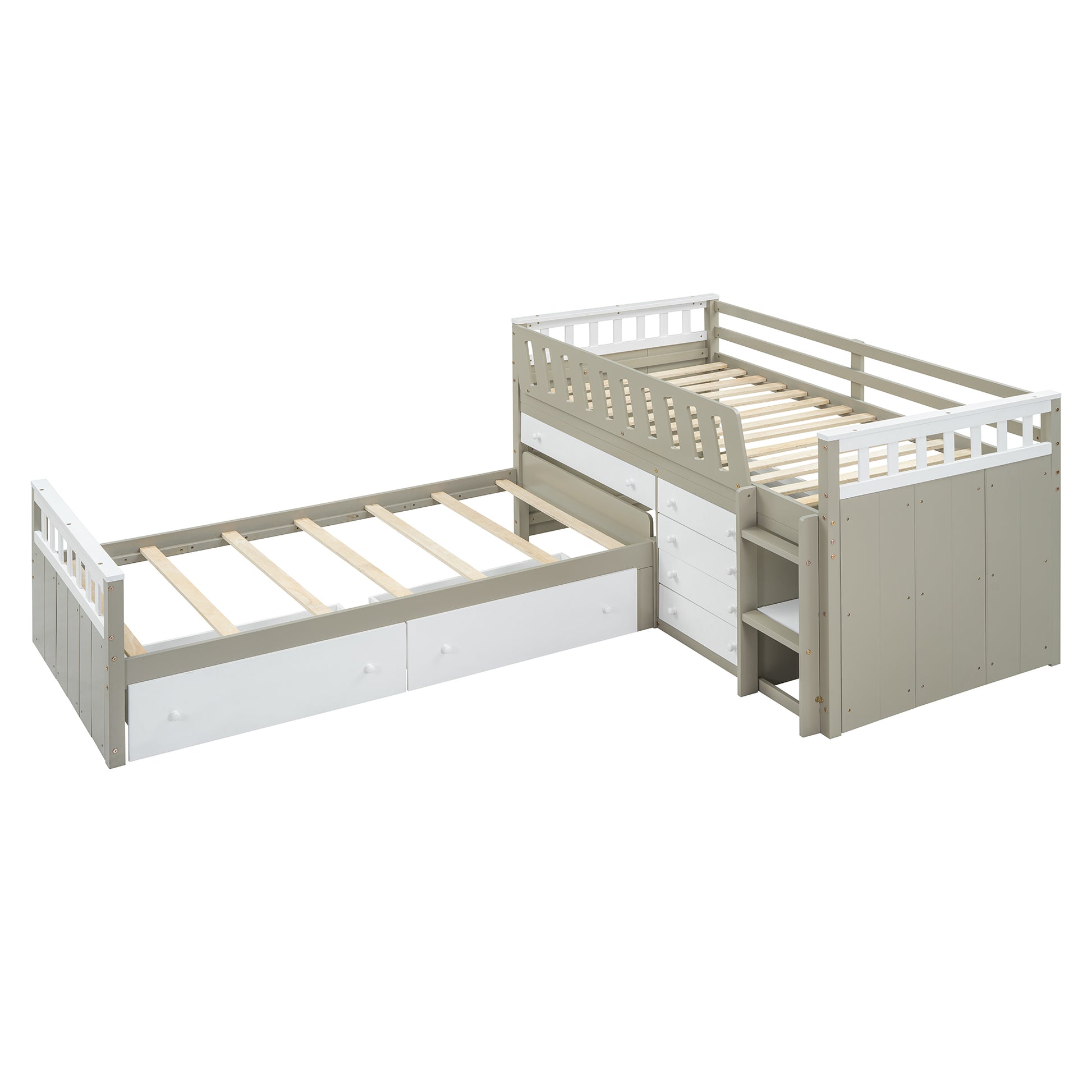 L Shaped Space Saving Twin Loft And Twin Platform Bed With 7 Drawers And Full Guardrails White Light Brown Twin Brown White Solid Wood
