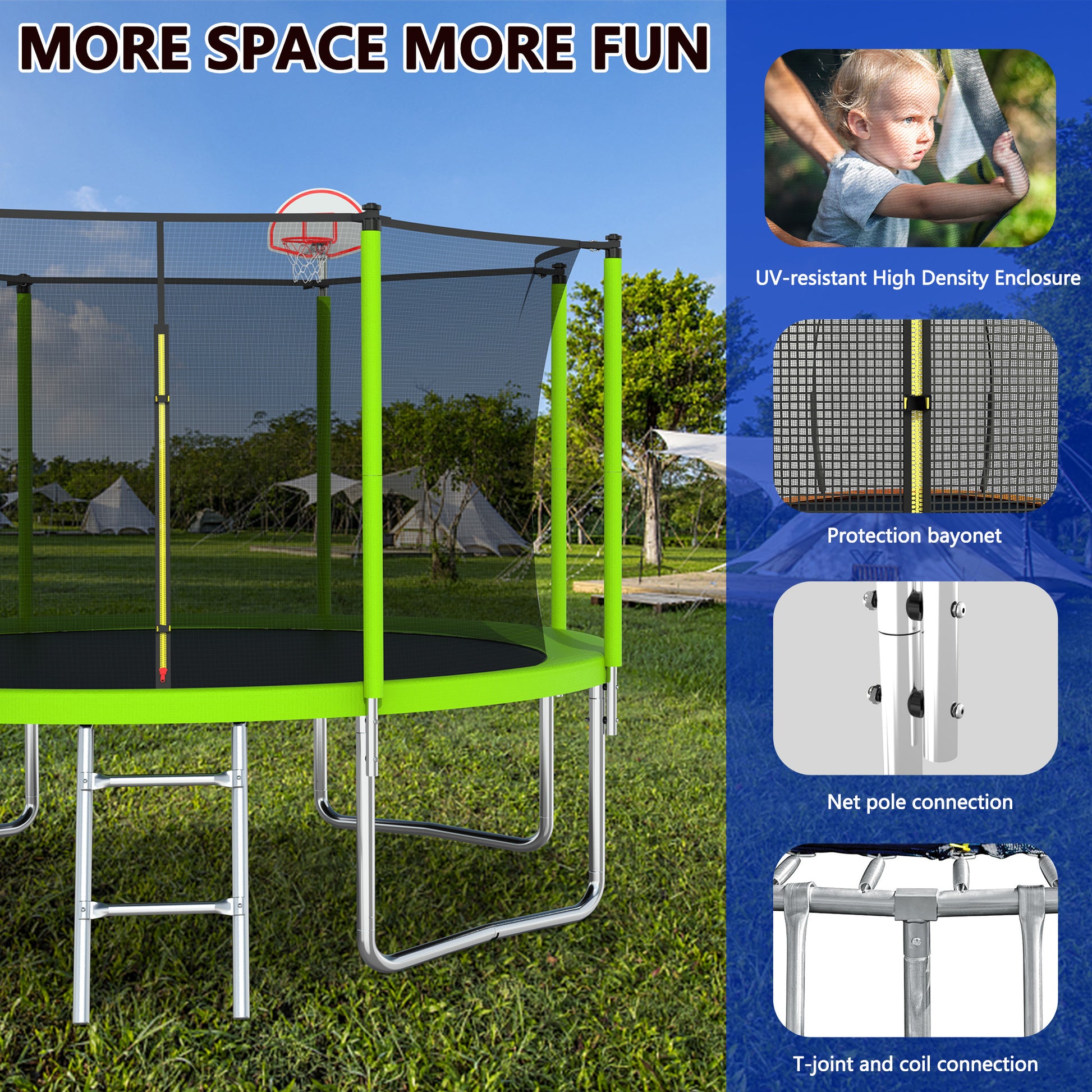 12Ft Trampoline Green For Kids & Adults With Basketball Hoop And Ball ,Recreational Trampolines With Safety Enclosure For Back Yard Outdoor Green Metal