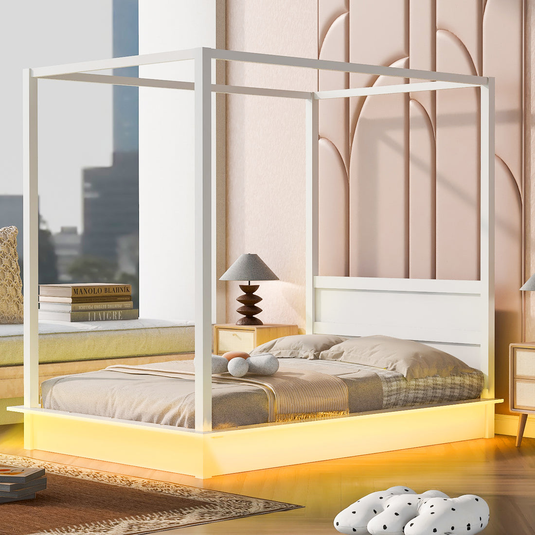 Full Size Wood Led Canopy Bed ,Canopy Platform Bed With Support Slats, No Box Spring Needed, White Full White Plywood