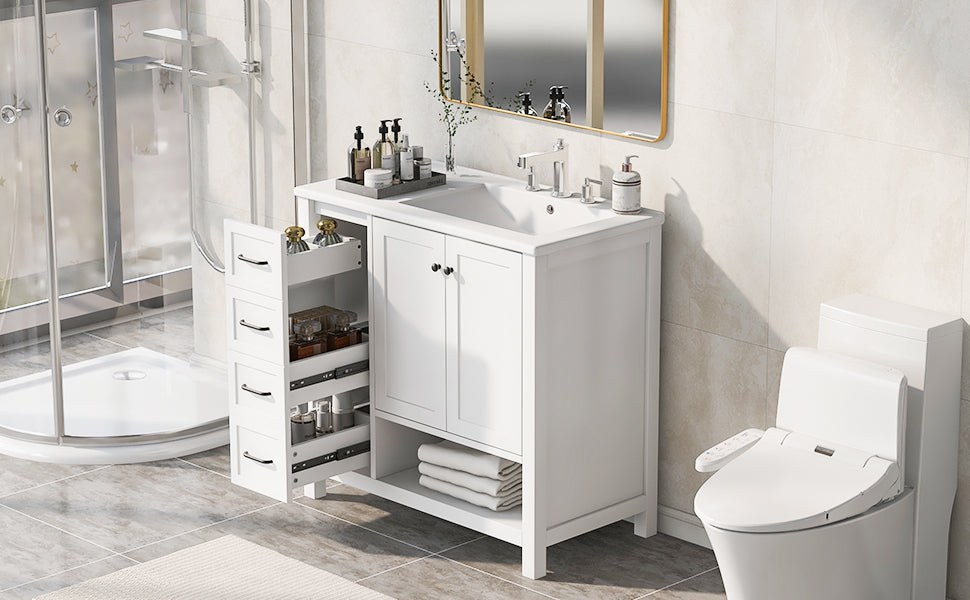 36" Bathroom Vanity With Sink Top, Bathroom Vanity Cabinet With Two Doors And Two Drawers, Solid Wood, Open Shelf, Mdf Boards, One Package, White White Solid Wood Mdf