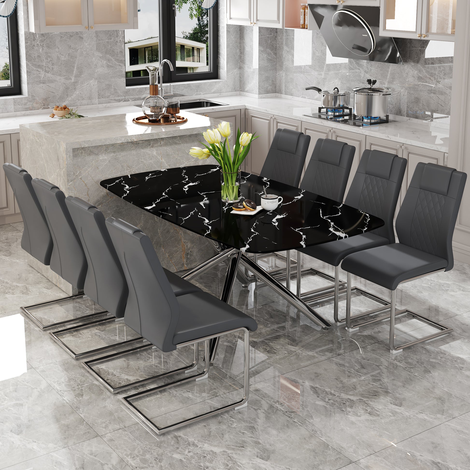 Table And Chair Set.Table And Chair Set.Modern Luxurious Black Marble Patterned Tempered Glass Dining Table With 8 Dark Gray Pu Chairs.Multiple High Quality Pu Dining Chairs With Silver Legs. Dark