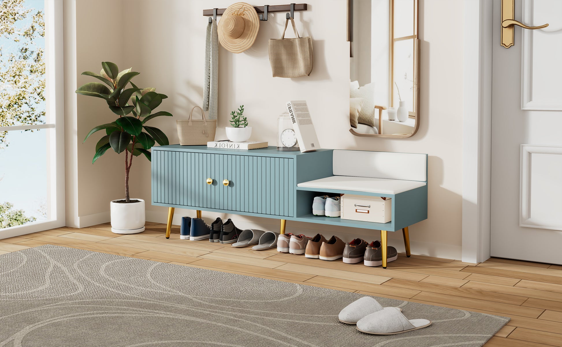 Modern Shoe Storage Bench With Hidden Storage And Upholstered Cushions For Bedside, Living Room And Entryway Light Blue Light Blue Mdf Metal