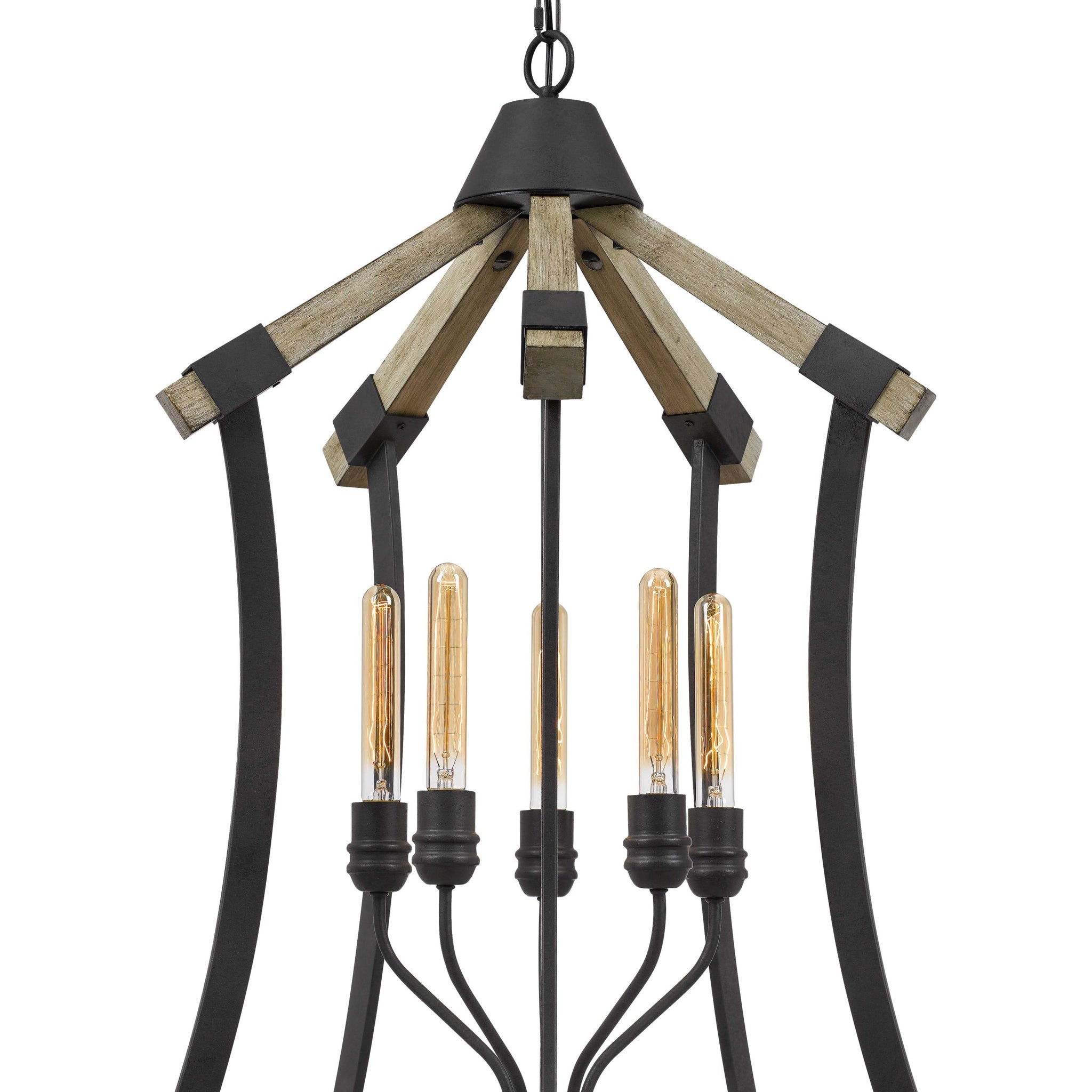 5 Bulb Pendant Fixture With Wooden And Metal Frame, Brown And Black Black Brown Wood Metal