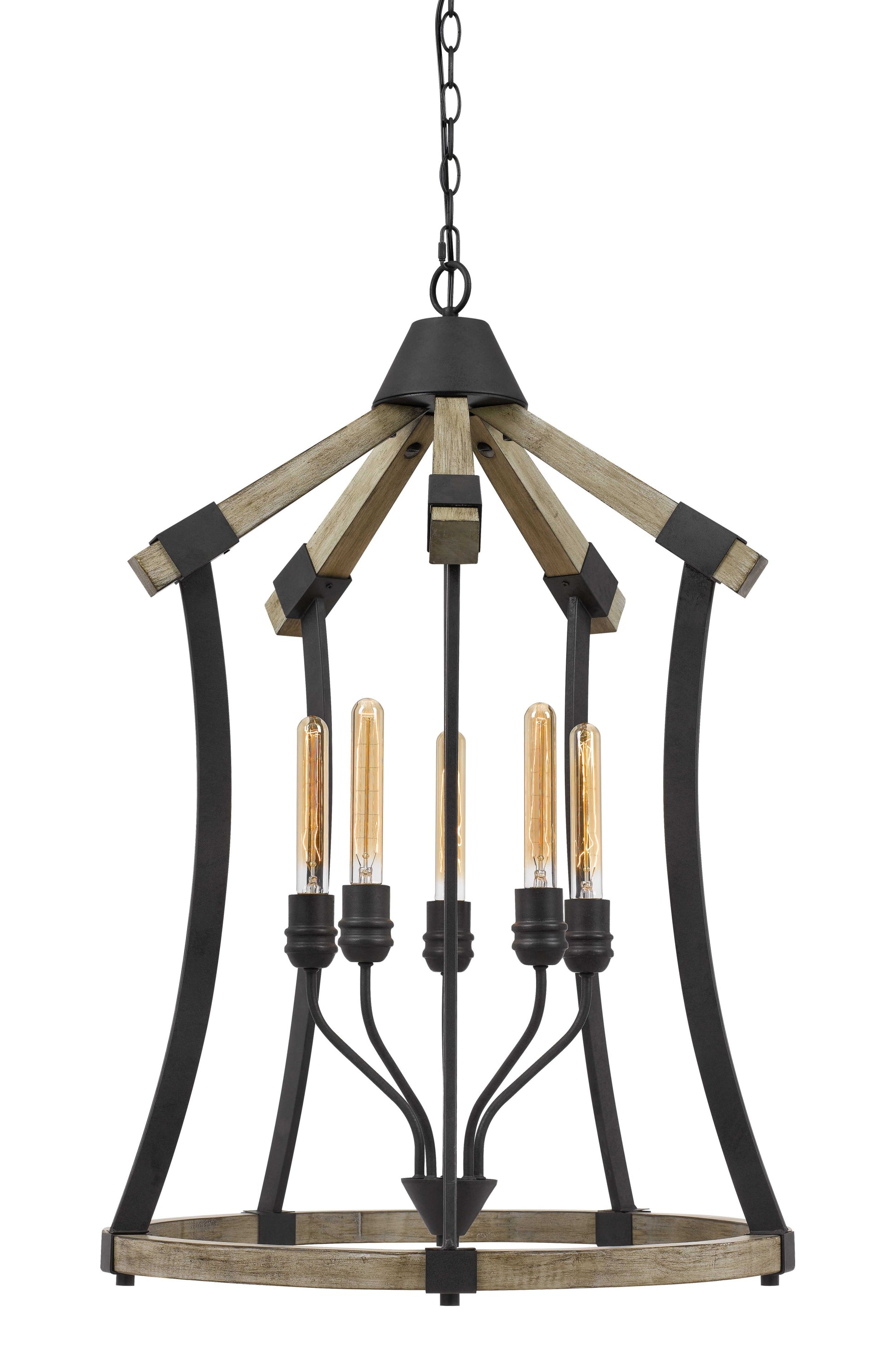 5 Bulb Pendant Fixture With Wooden And Metal Frame, Brown And Black Black Brown Wood Metal