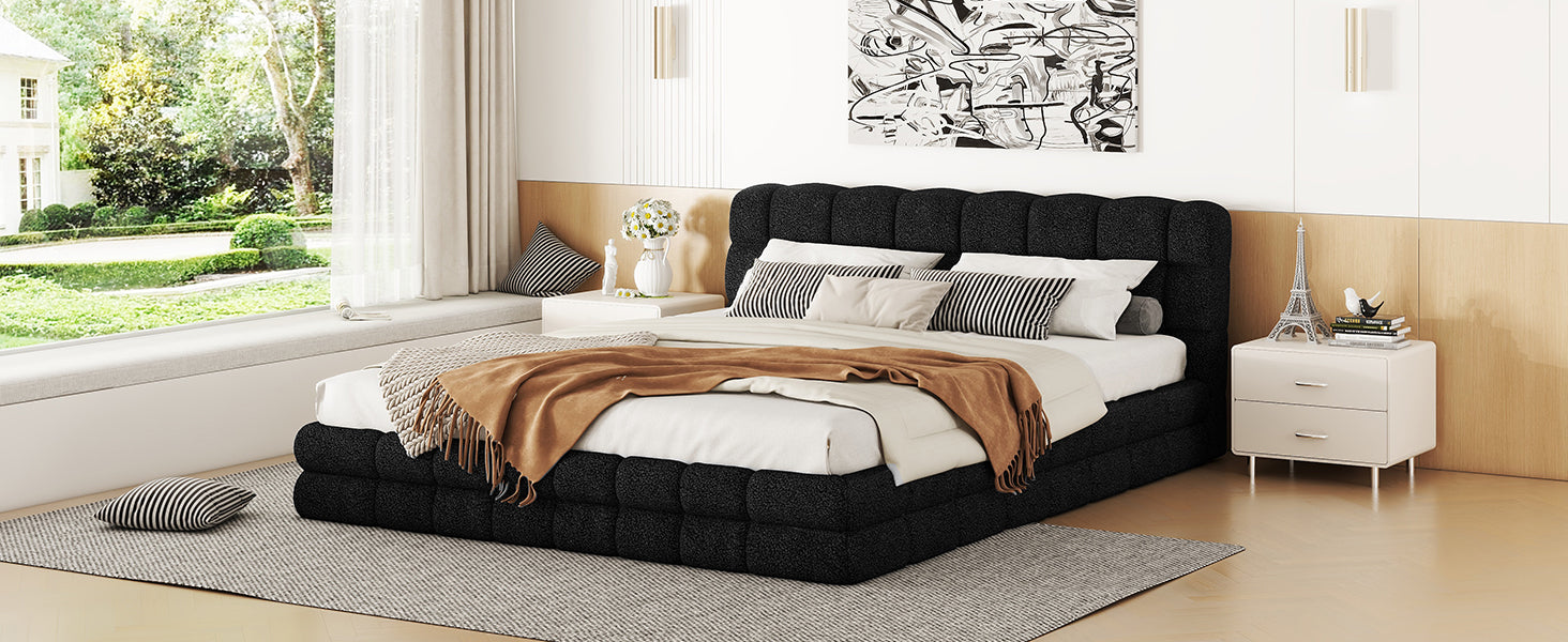 Queen Size Upholstered Platform Bed, Black Box Spring Not Required Queen Black Wood Bedroom Bed Frame Upholstered