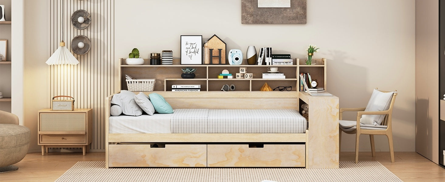 Wooden Twin Size Daybed With Storage Shelves, Multi Functional Bed With Two Storage Drawers And Study Desk, Natural Twin Natural Wood