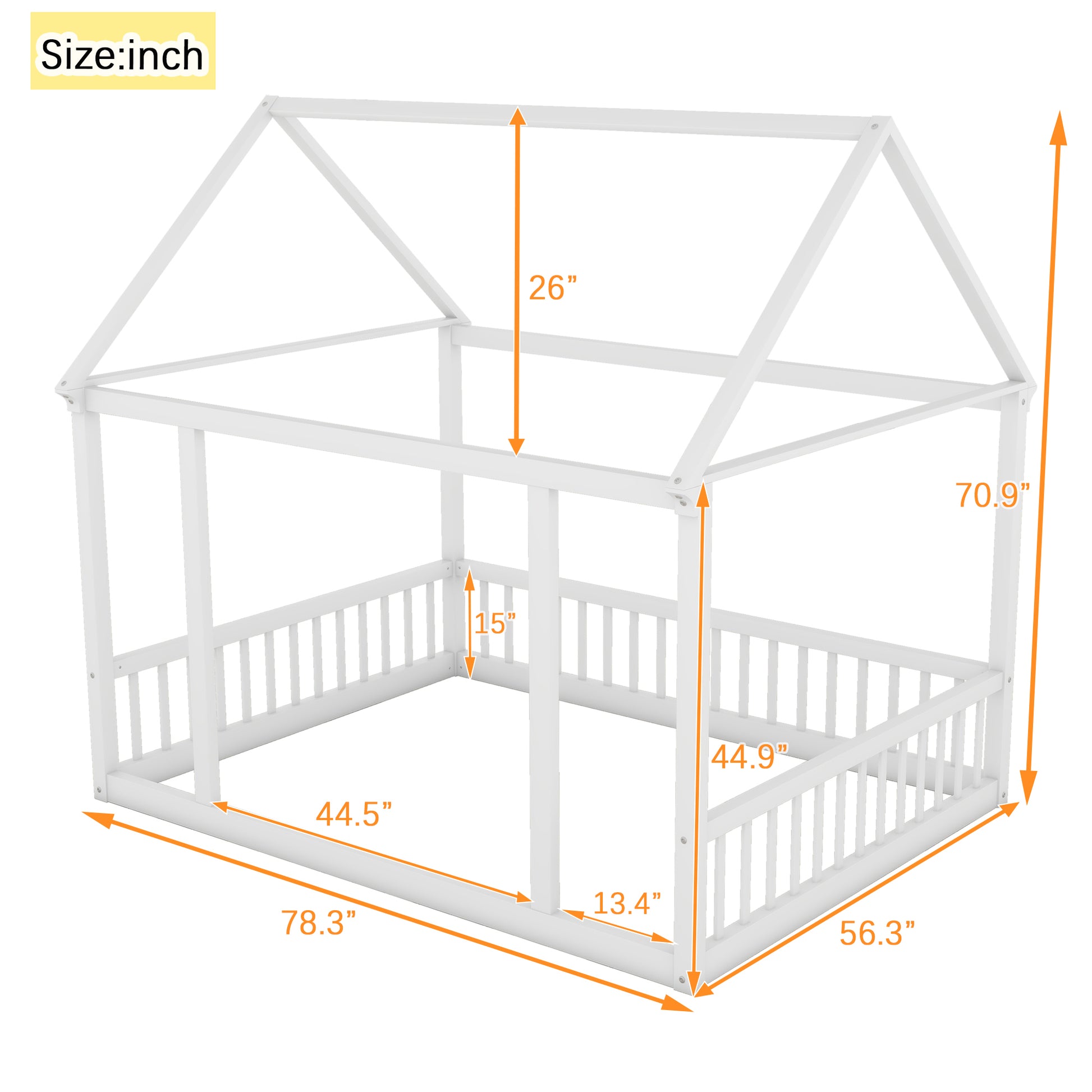 Full Size Floor Wooden Bed With House Roof Frame And Safety Guardrails ,White Full White Pine