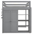 Wood Full Size Loft Bed With Built In Wardrobe And Storage Shelves, Led Light, Gray Box Spring Not Required Full Gray Wood Bedroom Bed Frame Solid Wood Mdf