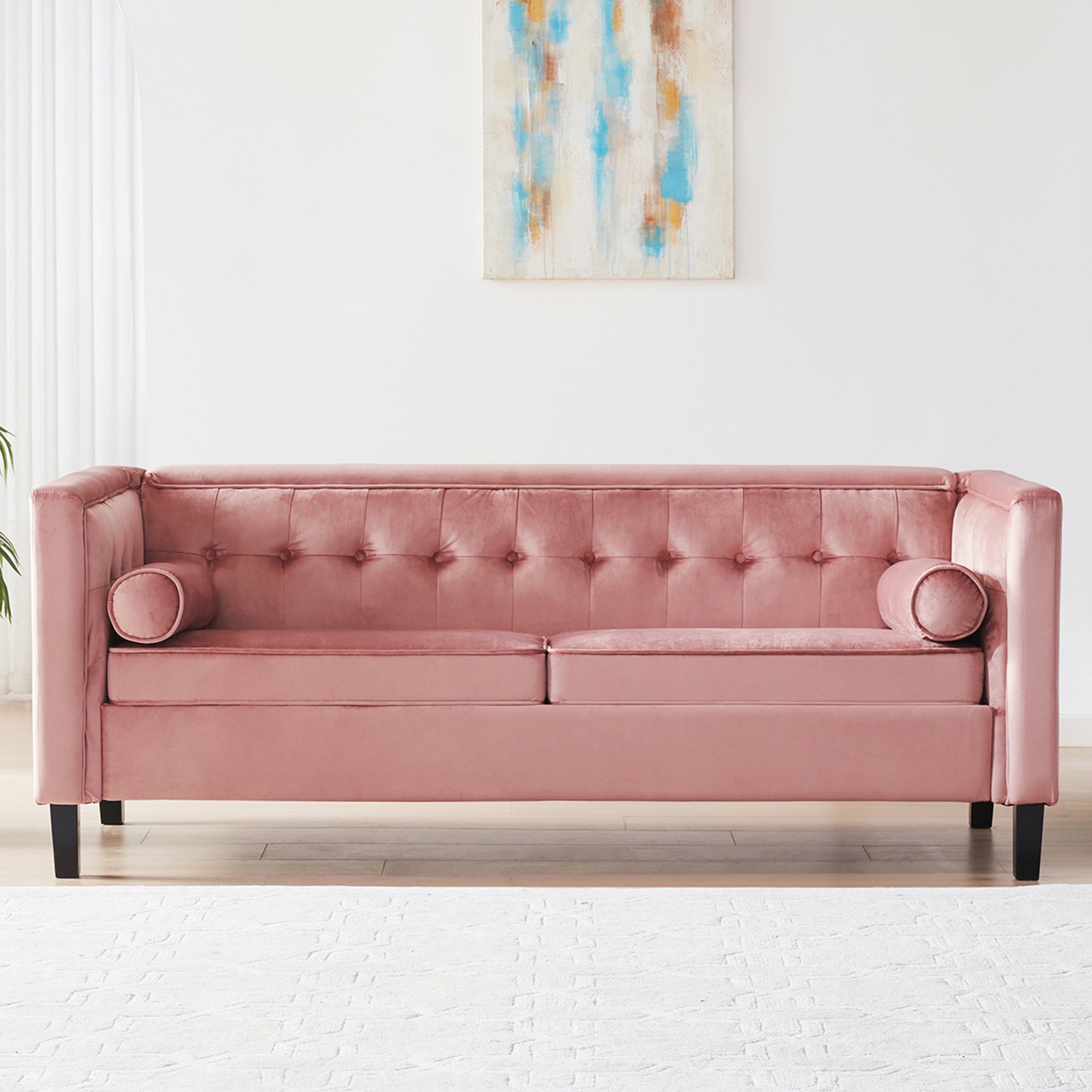 Mid Century Velvet Sofa, Beautiful Seats Sofa Furniture With Bolster Pillows, Button Tufted Couch For Living Room, Tool Free Assembly, Pink Gray Wood Primary Living Space Heavy Duty Acacia 2 Seat