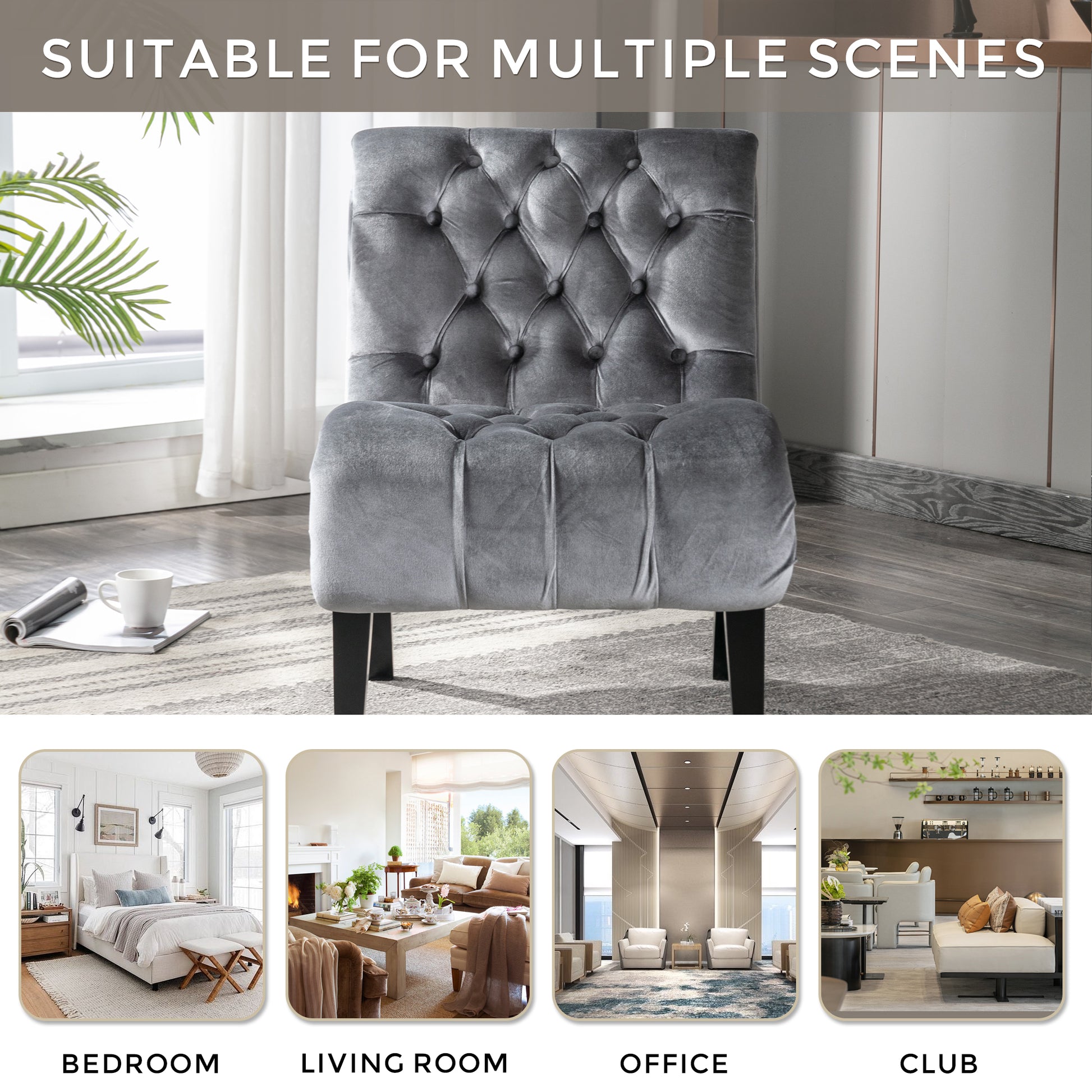Coolmore Modern Velvet Armless Accent Living Room Chair Leisure Chair,Upholstered Fabric Button Comfortable Chair With Wooden Legs For Bedroom, Living Room, Office Silver Velvet Silver Foam Velvet