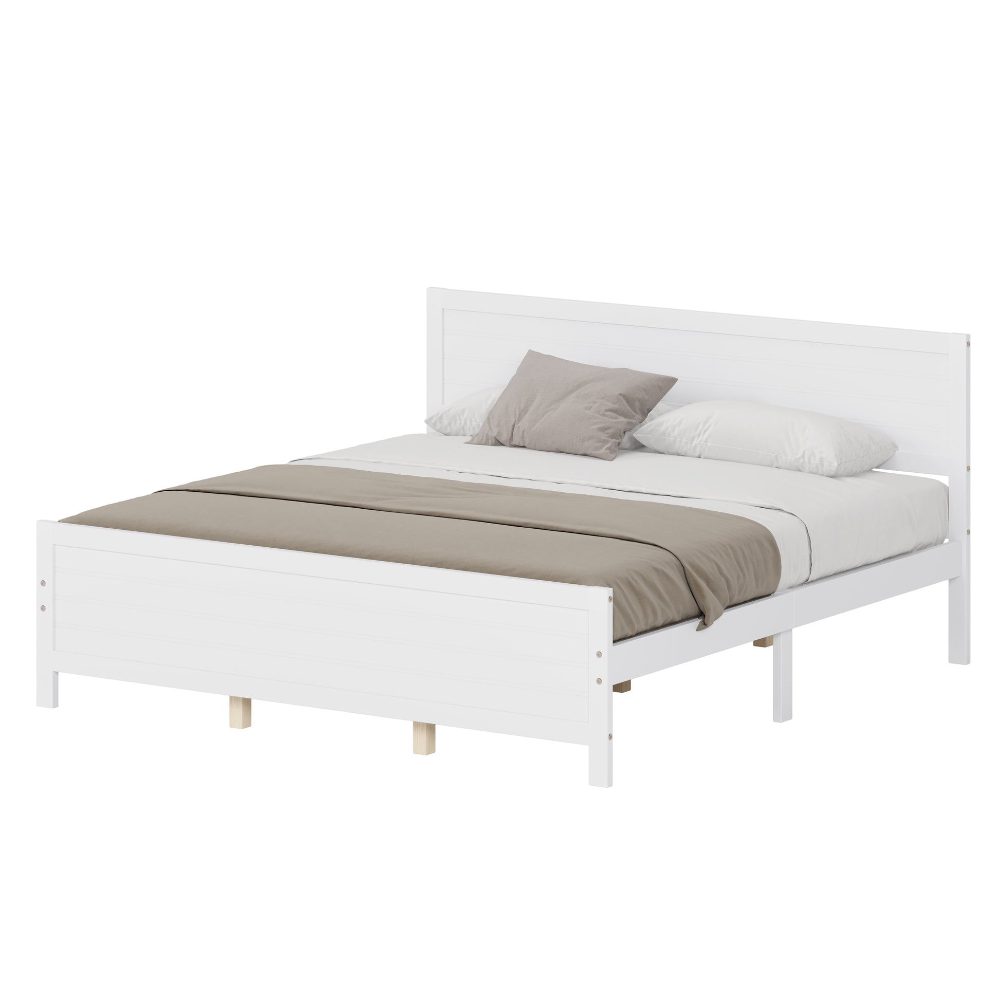 Wood Platform Bed Frame With Headboard, Mattress Foundation With Wood Slat Support, No Box Spring Needed, King Size, White Box Spring Not Required King White Wood Solid Wood Mdf