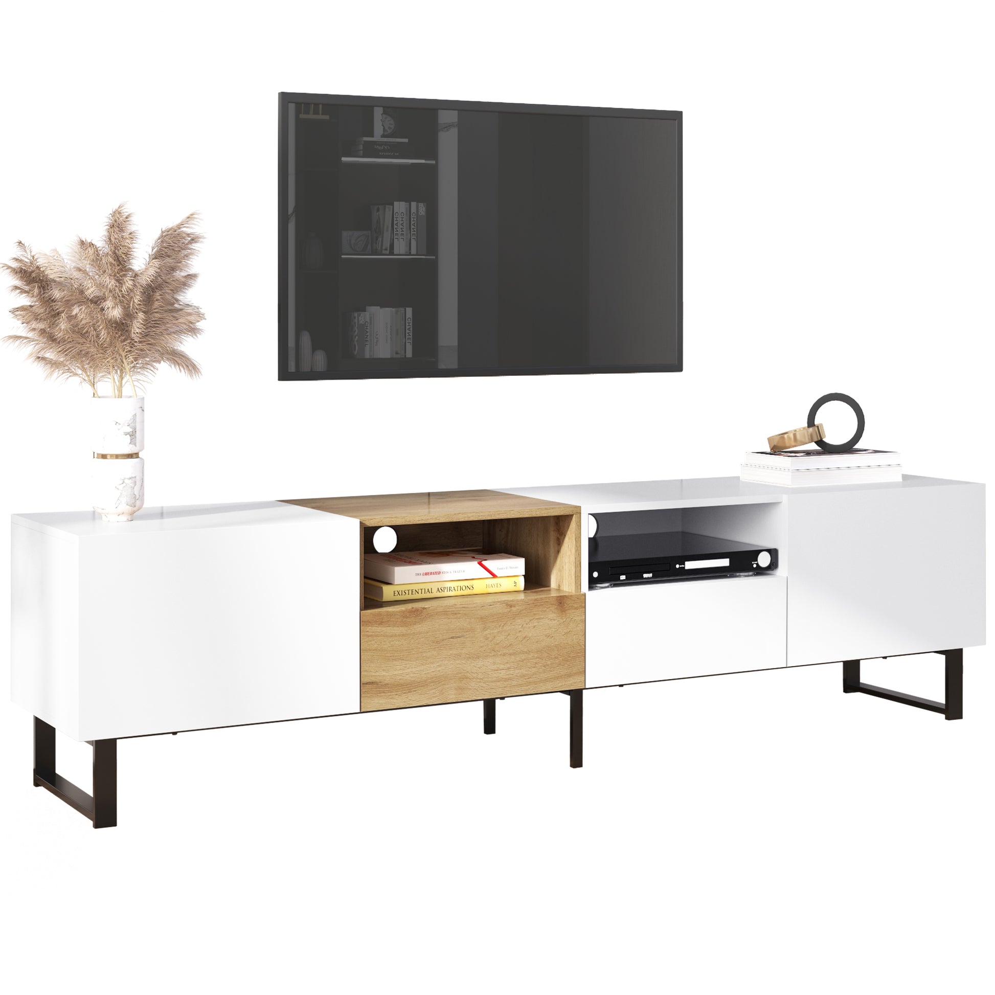 Modern Tv With 2 Cabinets& Open Storage Compartment, Color Matching Media Console Table For Tvs Up To 85'', Entertainment Center With Drop Down Door For Living Room, Bedroom, Home Theatre Wood Brown Primary Living Space 70 79 Inches 90 Inches Or Larger