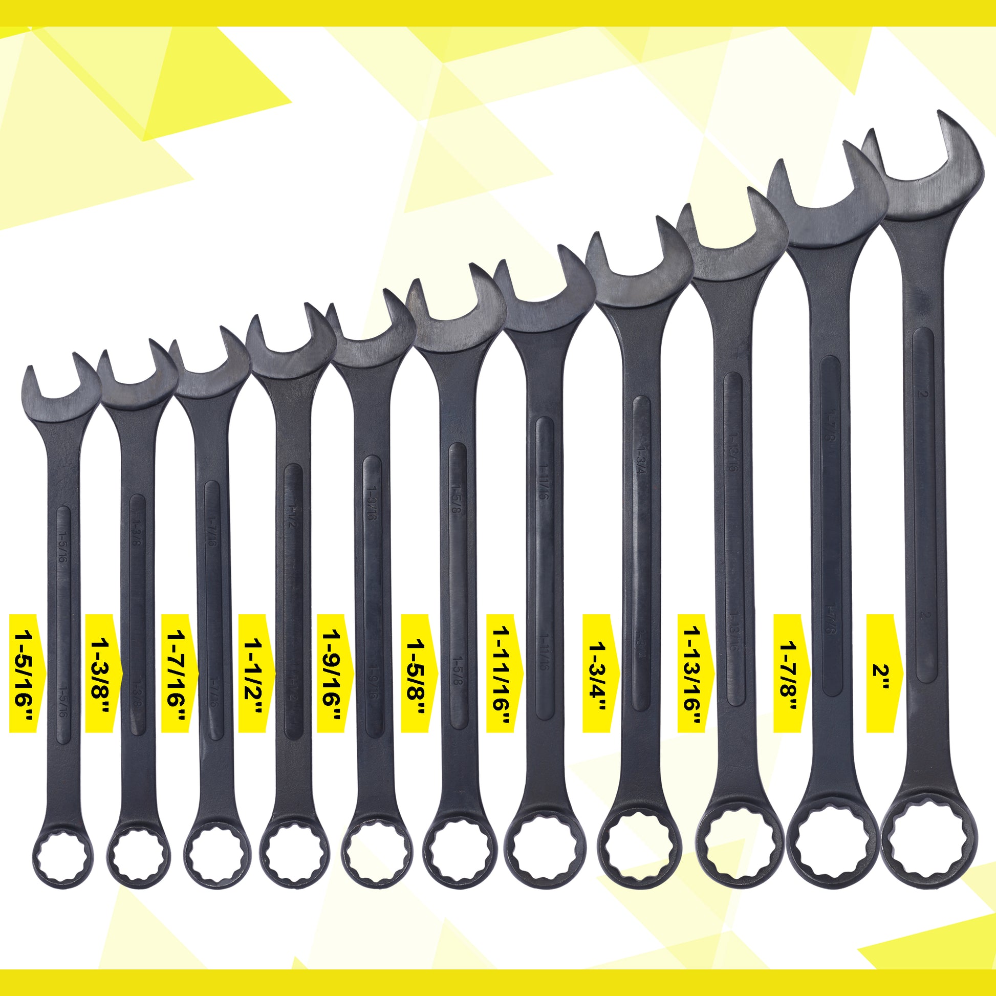 Jumbo Combination Wrench Set Extra Large, Sae, 11 Piece, 1 5 16'' To 2'',Black Oxide, With Pouch Black Carbon Steel