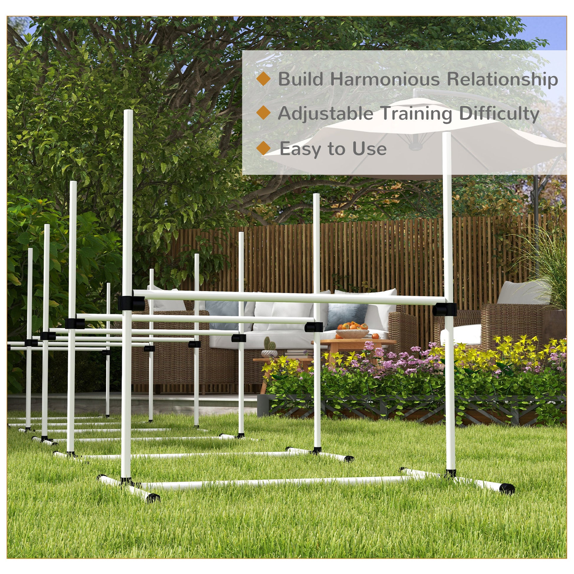 Pawhut 6 Piece Dog Agility Training Equipment For Dog Agility Course With Adjustable Height Jump Bars, Included Carry Bag, & Displacing Top Bar, White White Plastic