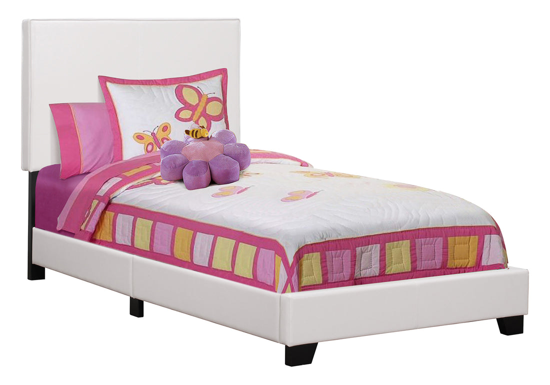 Bed, Twin Size, Bedroom, Upholstered, White Leather Look, Transitional White Foam Faux Leather