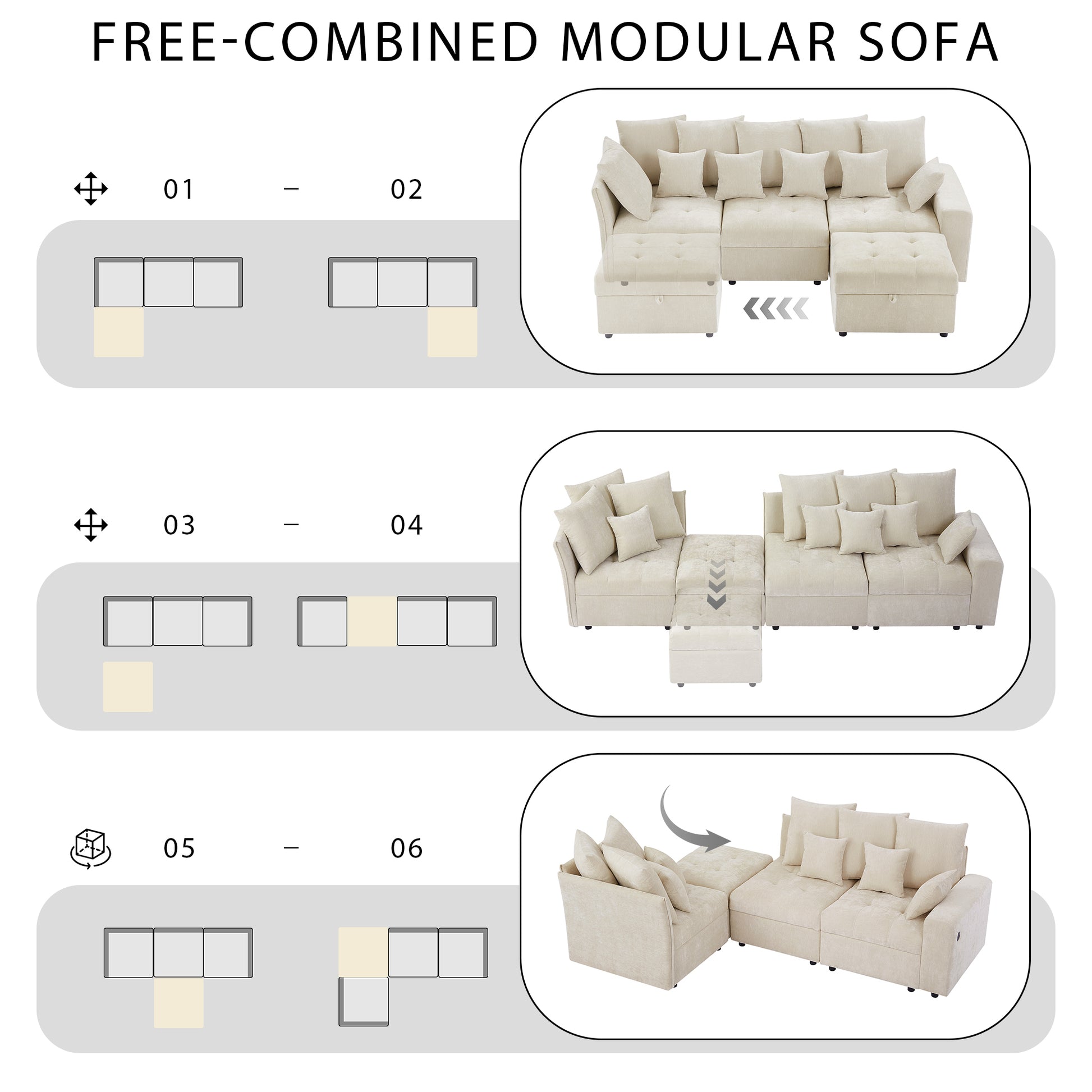 96.45"Sectional Sofa Modular Sofa Couch With Three Usb Ports, A Removable Storage Ottoman And Five Back Pillows For Living Room, Beige Beige Foam Chenille 4 Seat