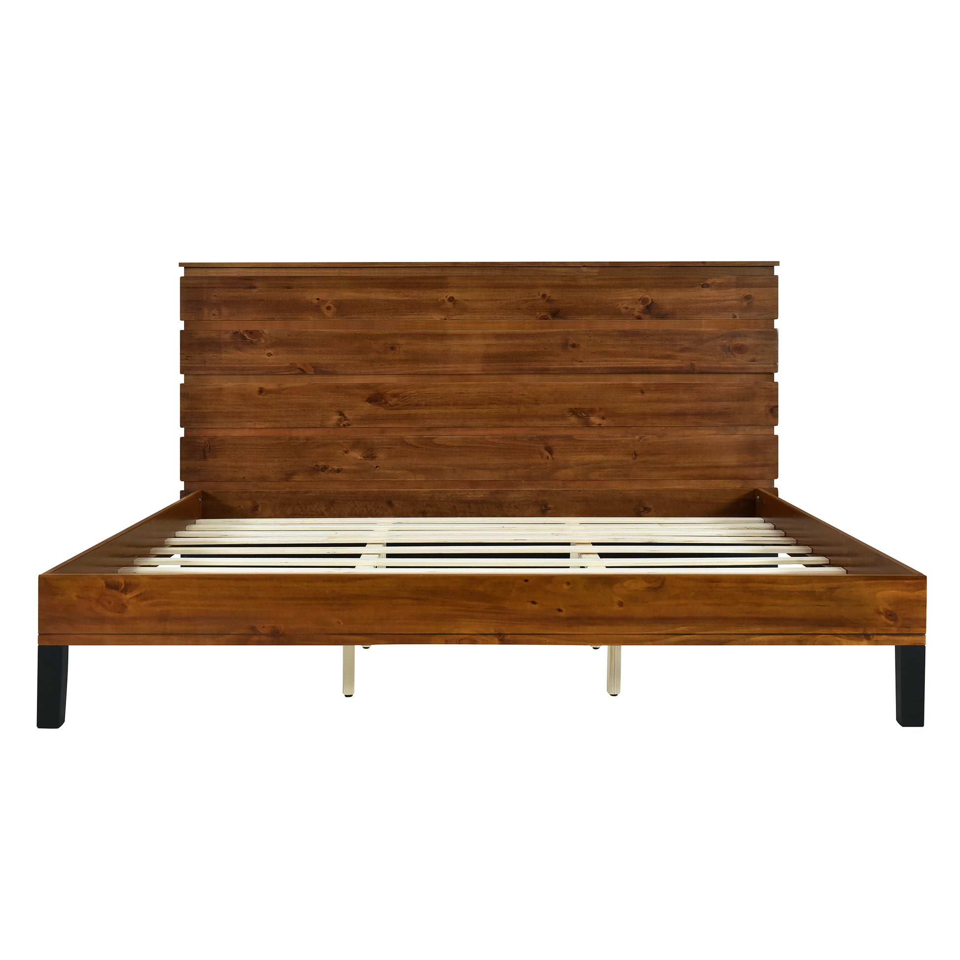Mid Century Modern Solid Wood Bed Frame King Size Platform Bed With Six Piece Headboard Design, No Box Spring Needed, Brown King Brown Pine