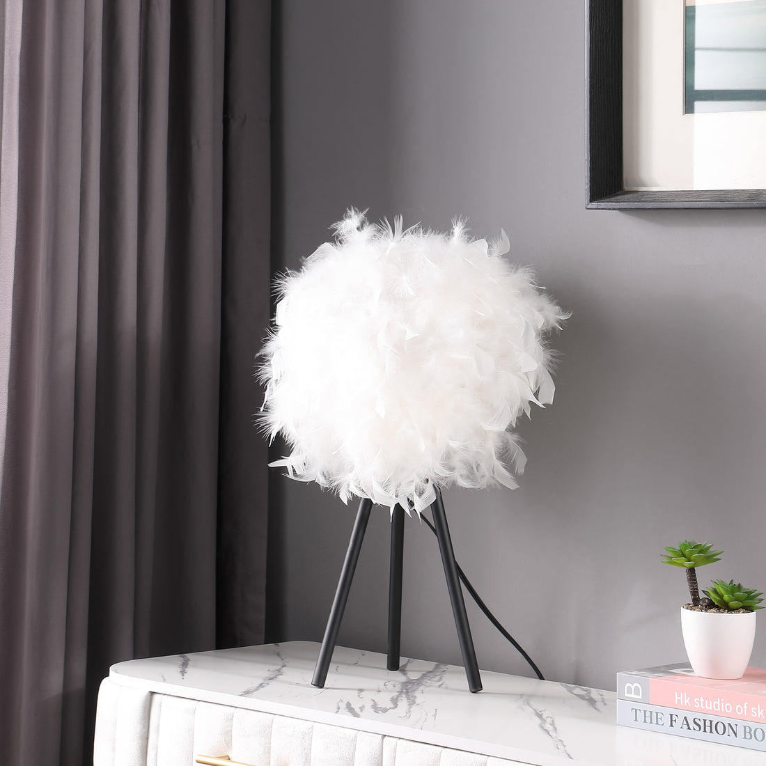 20.5" In Pure White Feather Shade Tripod Modern Metal Table Lamp White Polyester