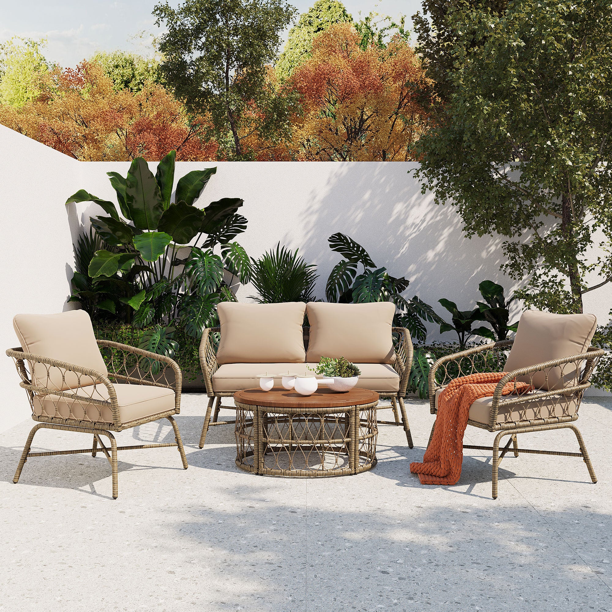 Bohemia Inspired 4 Person Outdoor Seating Group With Removable Cushions, Conversation Patio Set With Wood Tabletop, Beige Yes Beige Garden & Outdoor Complete Patio Sets Foam Wicker