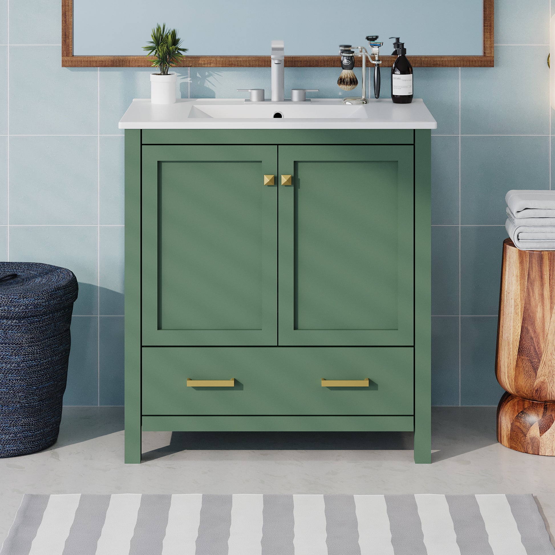 30 Inch Green Bathroom Vanity With Single Sink, Combination Under Counter Sink, Bathroom Storage Cabinet With 2 Doors And A Drawer, Soft Closure, Multifunctional Storage, Solid Wood Frame Green Bathroom Solid Wood Mdf