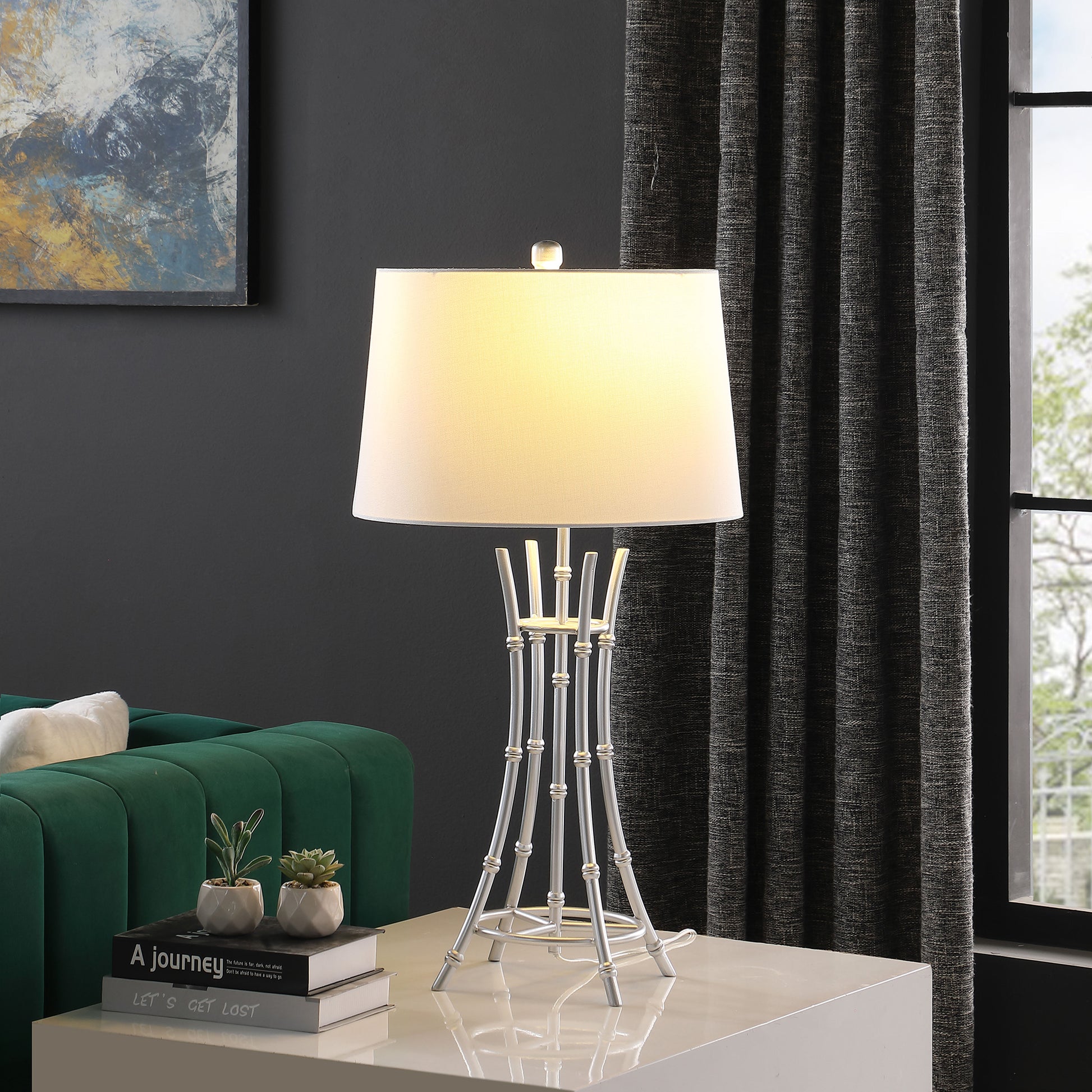 29.25" In Kiara Modern Satin Silver Bamboo Metal Table Lamp Silver White Fabric Metal