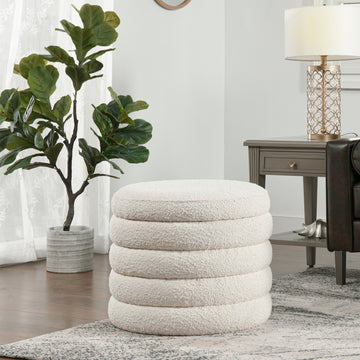 Fuji 19" Oversized Round Storage Ottoman, Ivory White Boucle White Foam Boucle