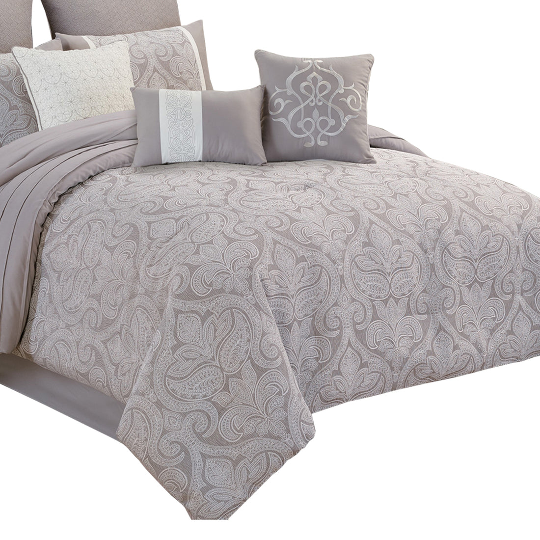 Queen Size 9 Piece Fabric Comforter Set With Medallion Prints, White Queen Multicolor Fabric