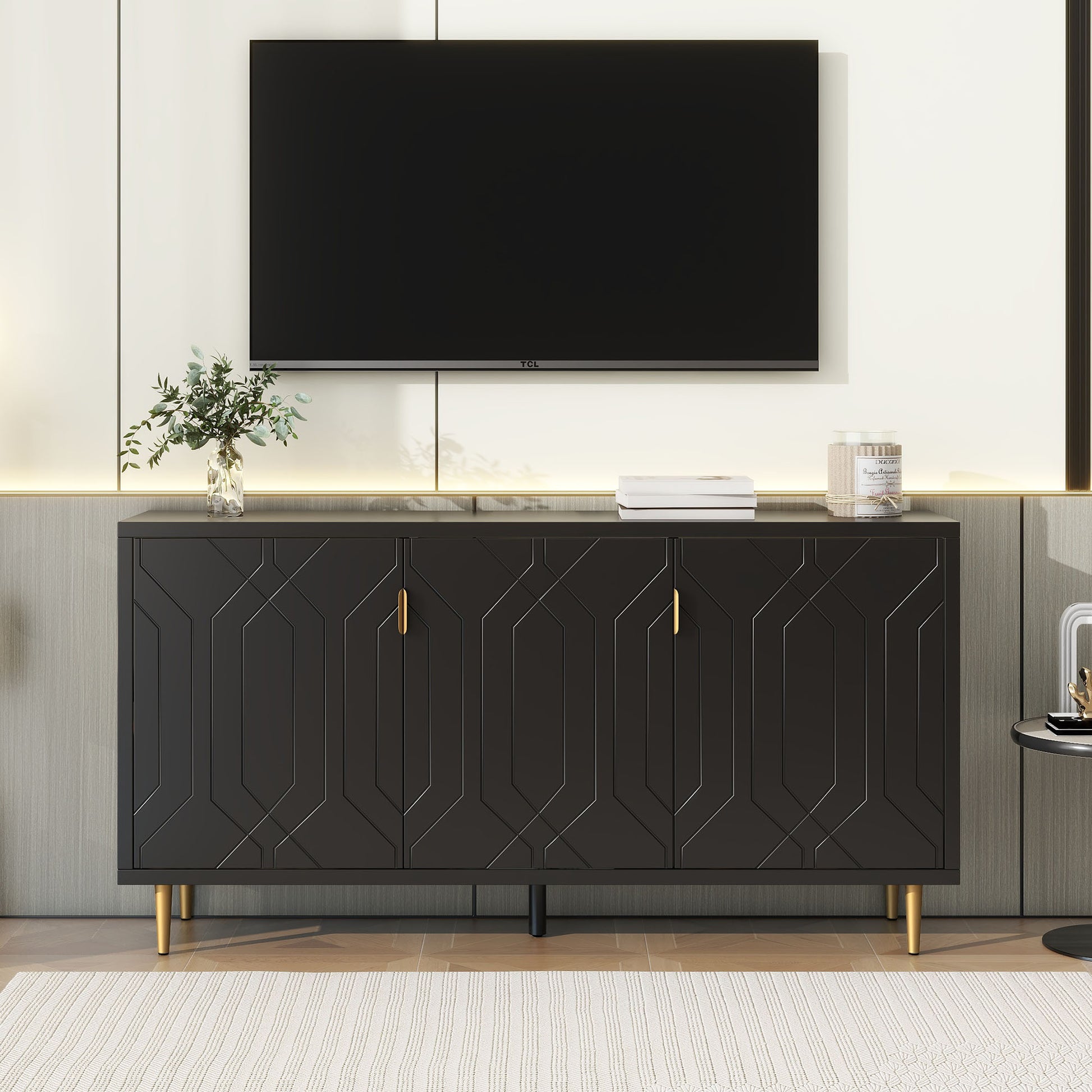 Modern Tv Stand With 3 Doors And Adjustable Shelves For Living Room, Fits Tvs Up To 70 Inches, Black Black 70 79 Inches Particle Board