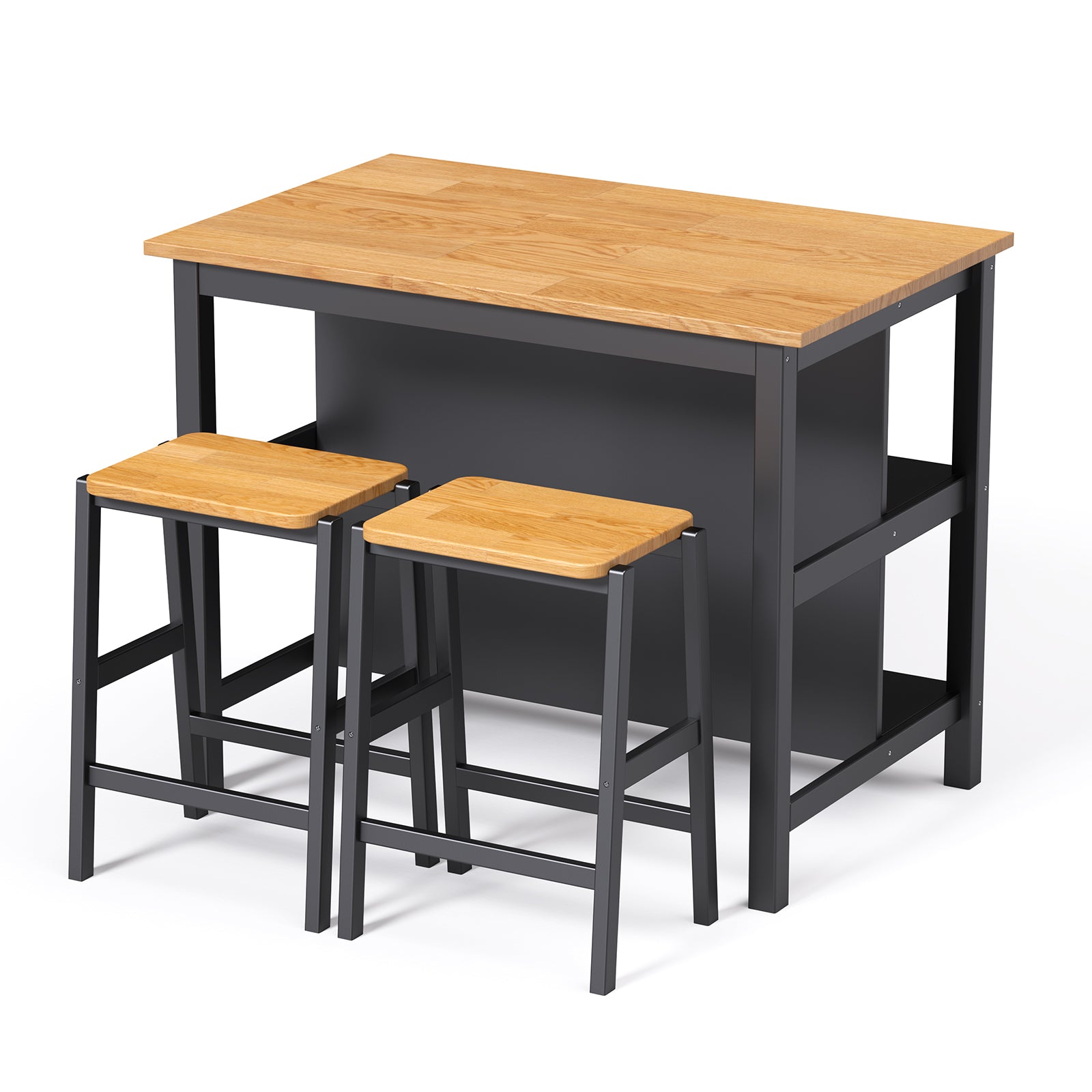 3 Pcs Dining Table Set Rustic Retro Breakfast Table Dining Stools Rubberwood For 2 With Two Open Shelves For Small Space Kitchen Dining Room W69165661 Black Rubber Wood