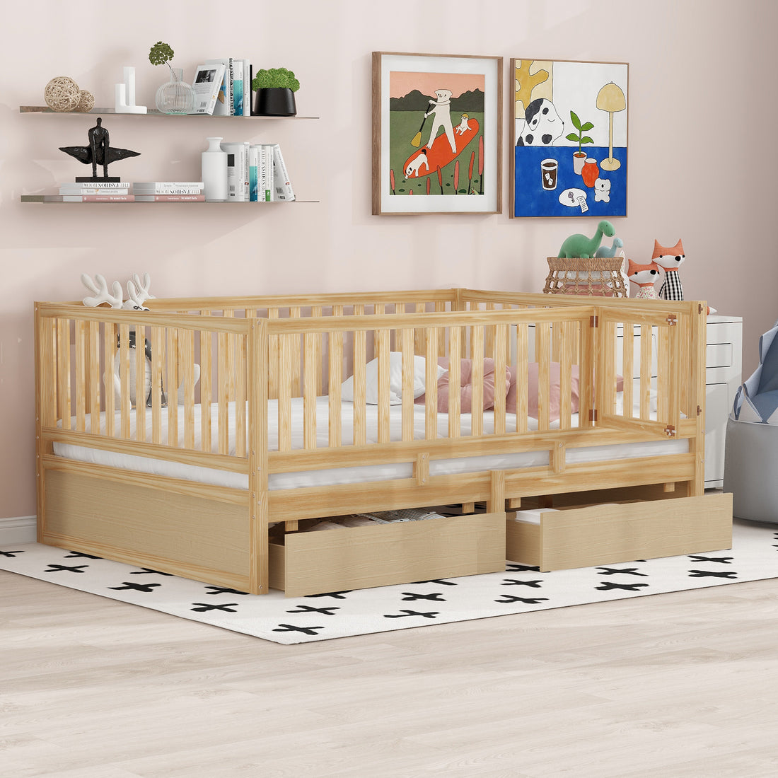 Full Size Wood Daybed With Fence Guardrails And 2 Drawers, Split Into Independent Floor Bed & Daybed, Natural Old Sku :Lp000882Aan Full Natural Solid Wood Mdf