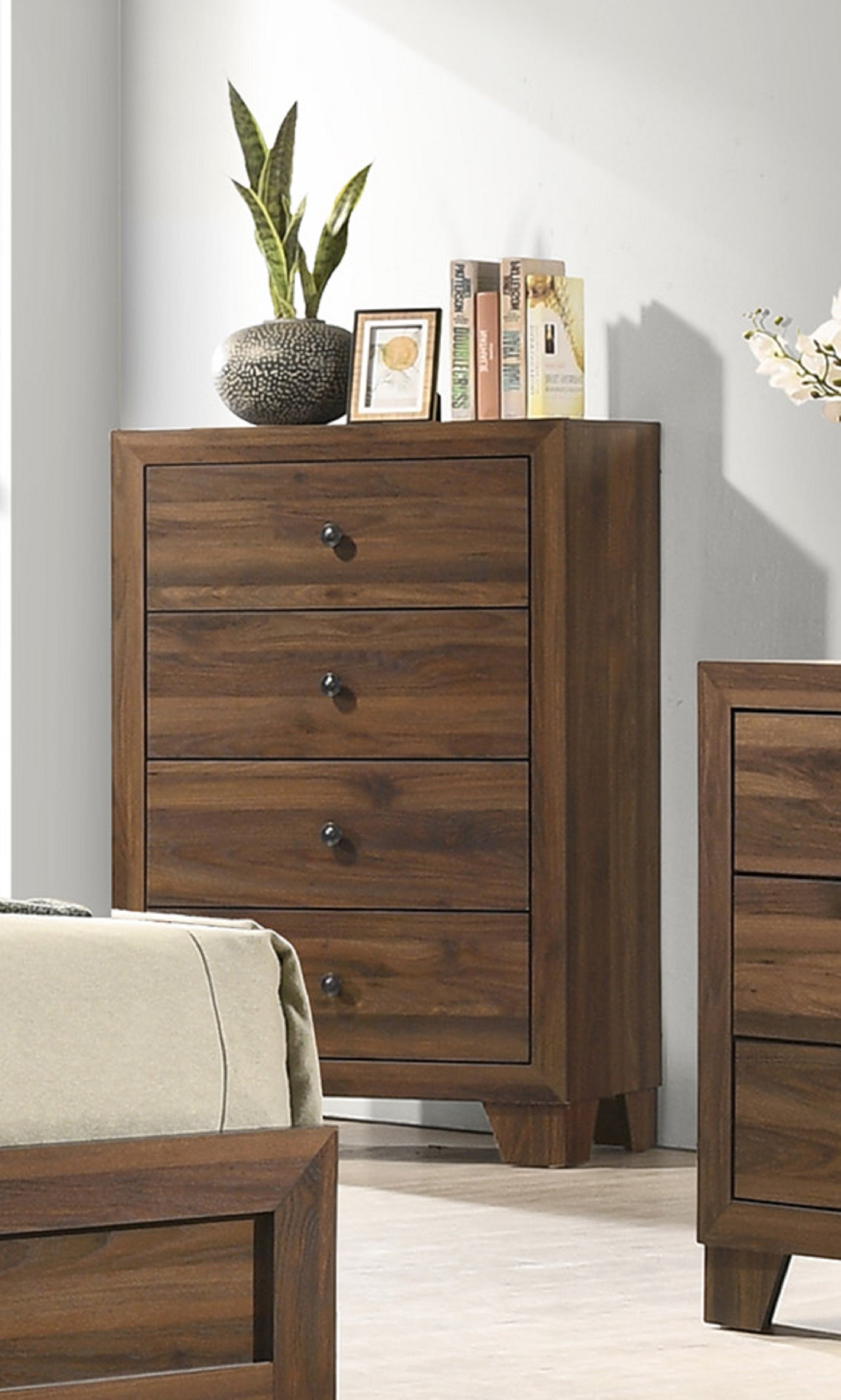 1Pc Contemporary 4 Drawer Tall Chest With Metal Hardware Rustic Brown Cherry Finish Bedroom Furniture Cherry Brown Bedroom Contemporary Wood