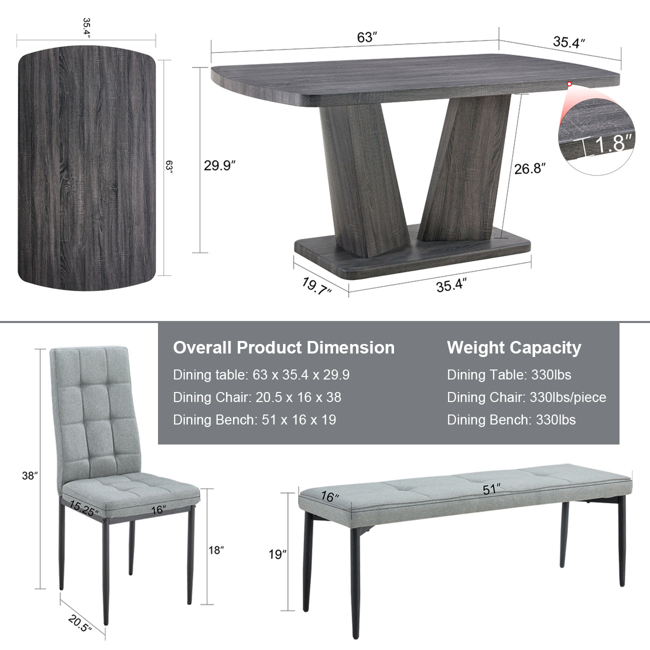 63" Modern Style 6 Piece Dining Table With 4 Chairs & 1 Bench, Table With Wood Veneers Tabletop And V Shaped Table Legs Metal Grey Modern Rectangular Mdf Mdf