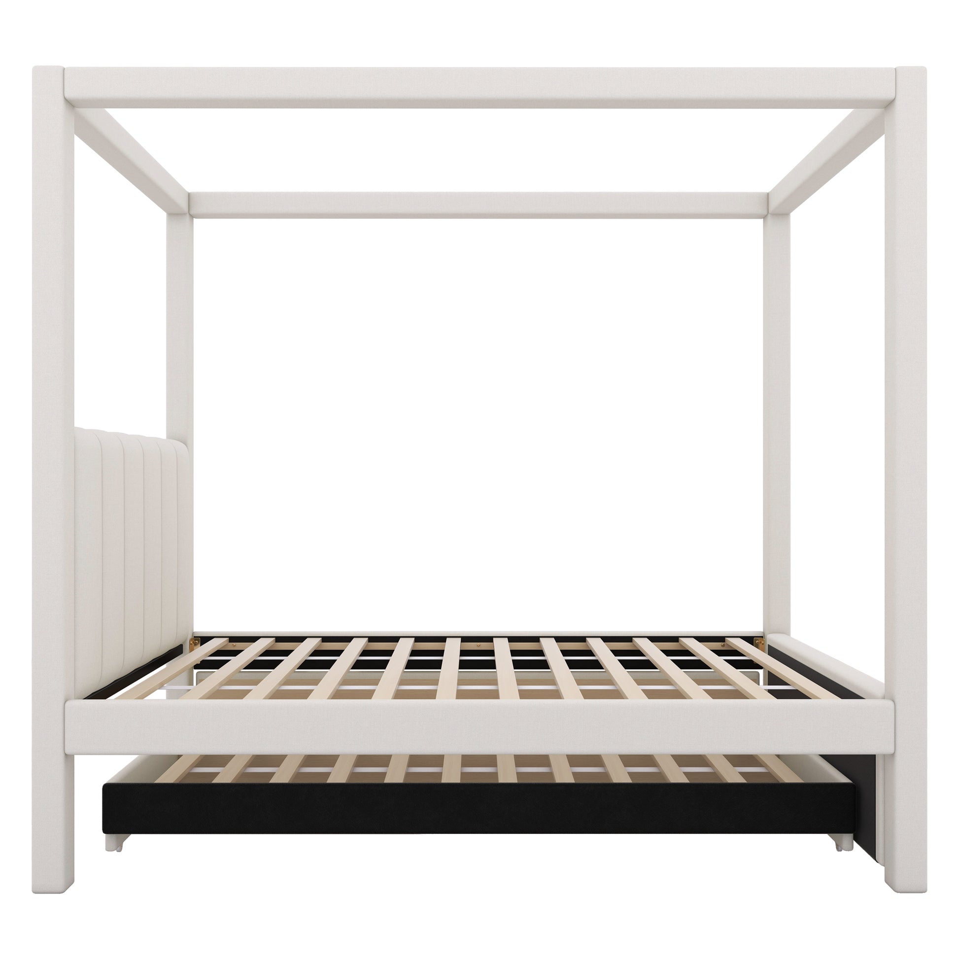 Twin Size Upholstery Canopy Platform Bed With Trundle And Three Storage Drawers, Beige Twin Beige Upholstered