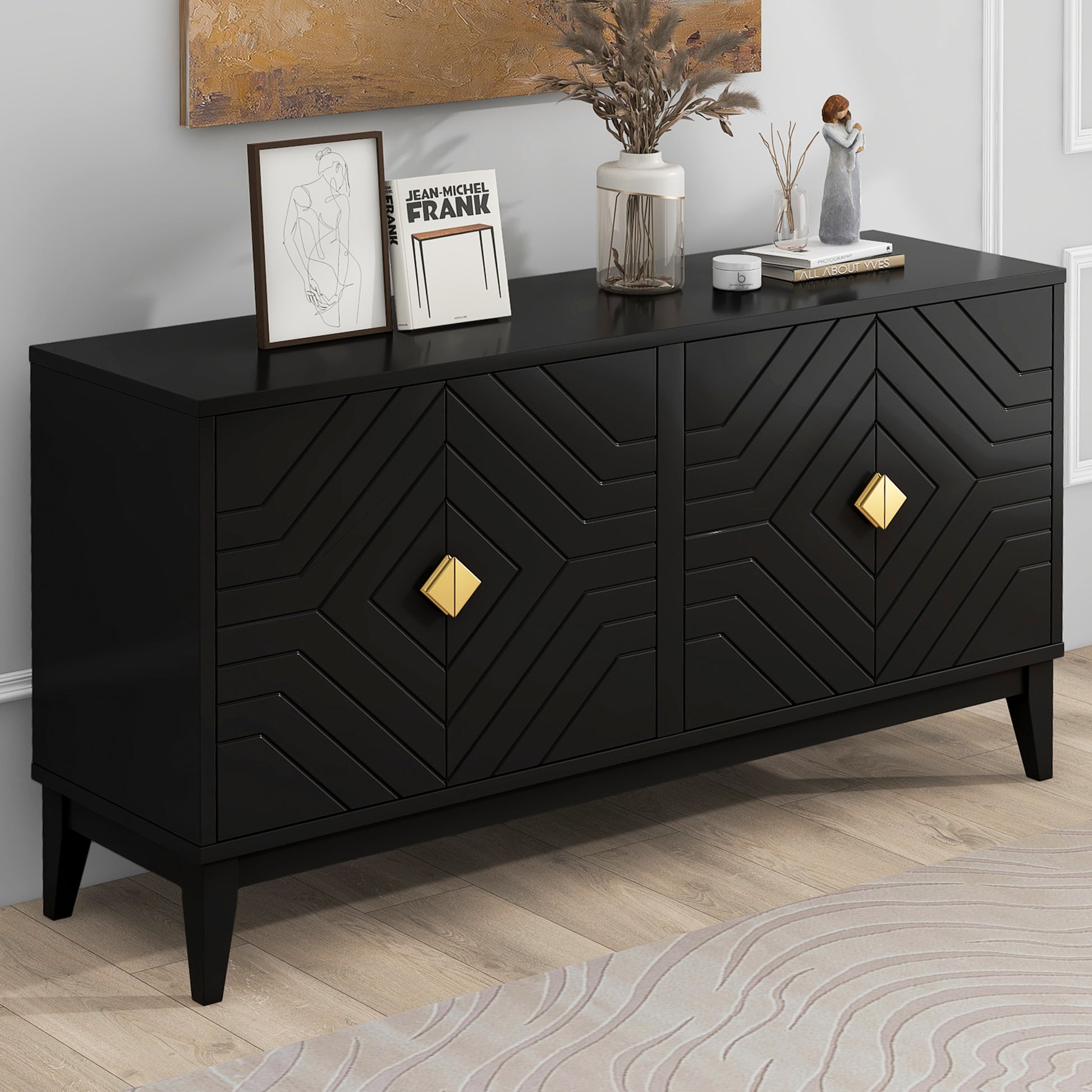 4 Door Sideboard Storage Cabinet For Living Room And Dining Room, Two Large Cabinets With Gold Handles And Adjustable Shelf, Black Black Rubberwood Solid Wood Mdf