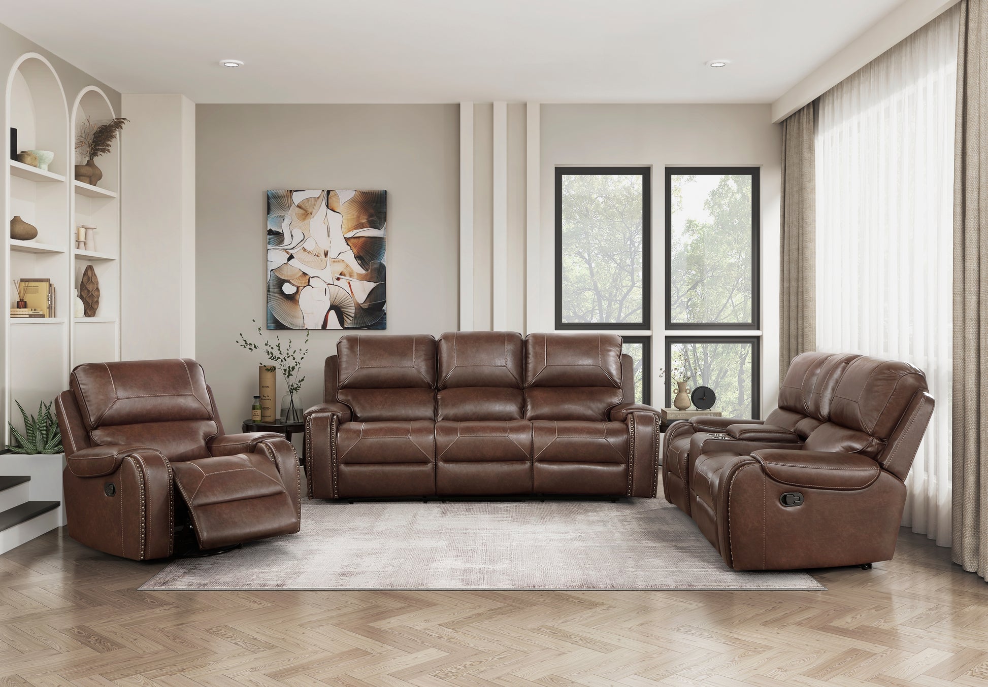 Double Reclining Brown Sofa With Center Drop Down Cup Holders, Receptacles And Usb Ports,Faux Leather Upholstered Traditional Trim 1Pc Modern Living Room Furniture Brown Faux Leather Wood Primary Living Space Modern Plywood,Solid Wood 3 Seat