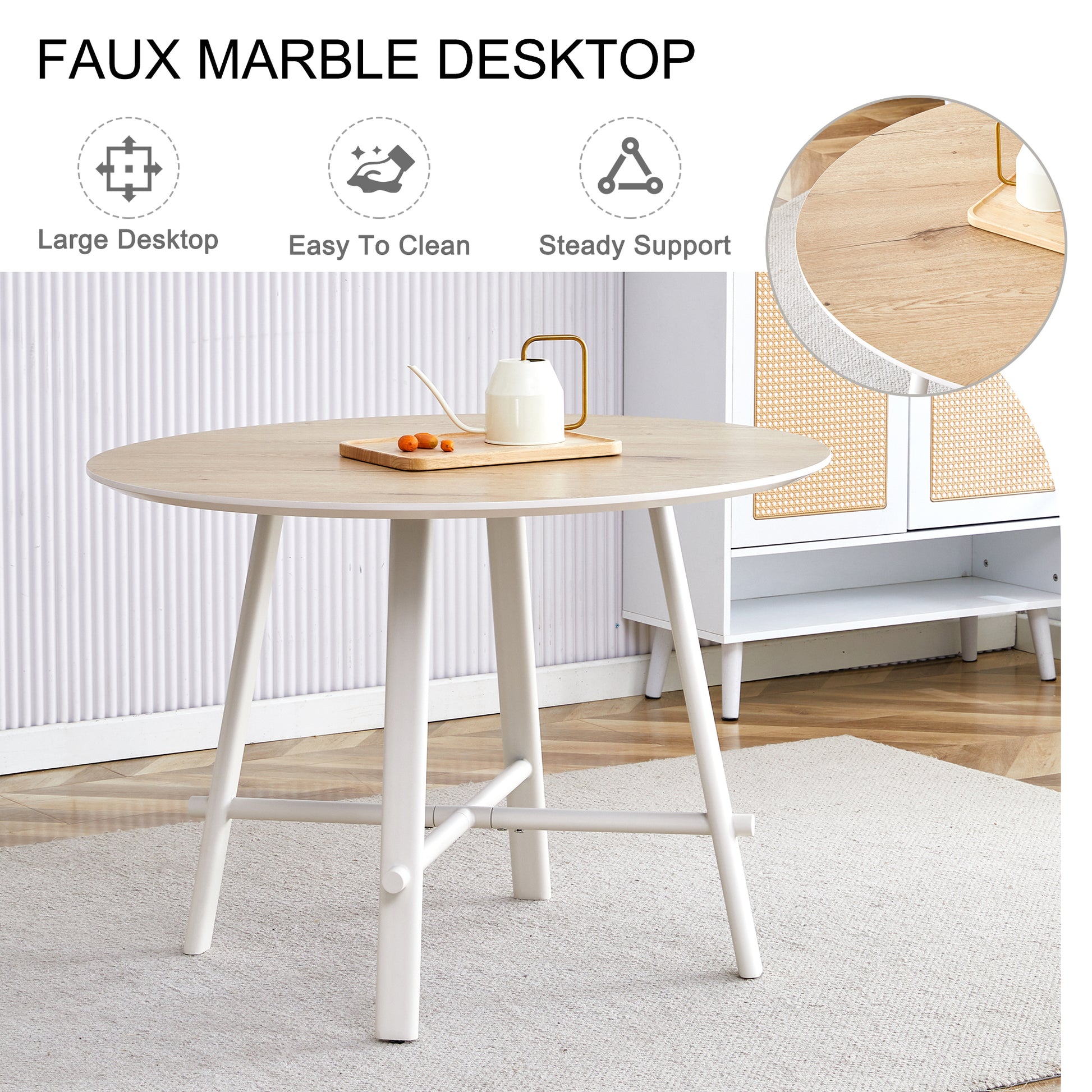 A Modern And Minimalist Circular Dining Table With A 42 Inch Diameter Wood Colorer Patterned Tabletop And White Metal Legs. Suitable For Restaurants, Living Rooms, And Conference Rooms. Brown White Mdf Metal