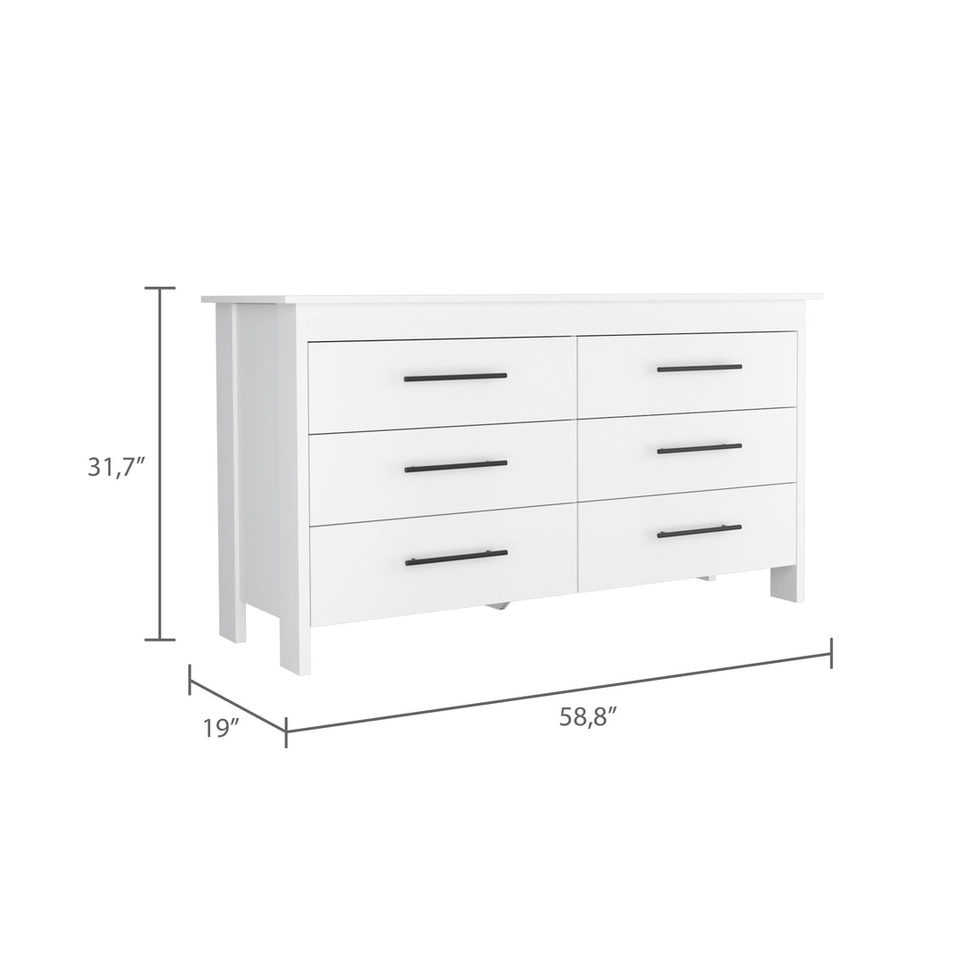 Double Dresser, Four Legs, 6 Drawer, Superior Top, White White Solid Wood Mdf Engineered Wood