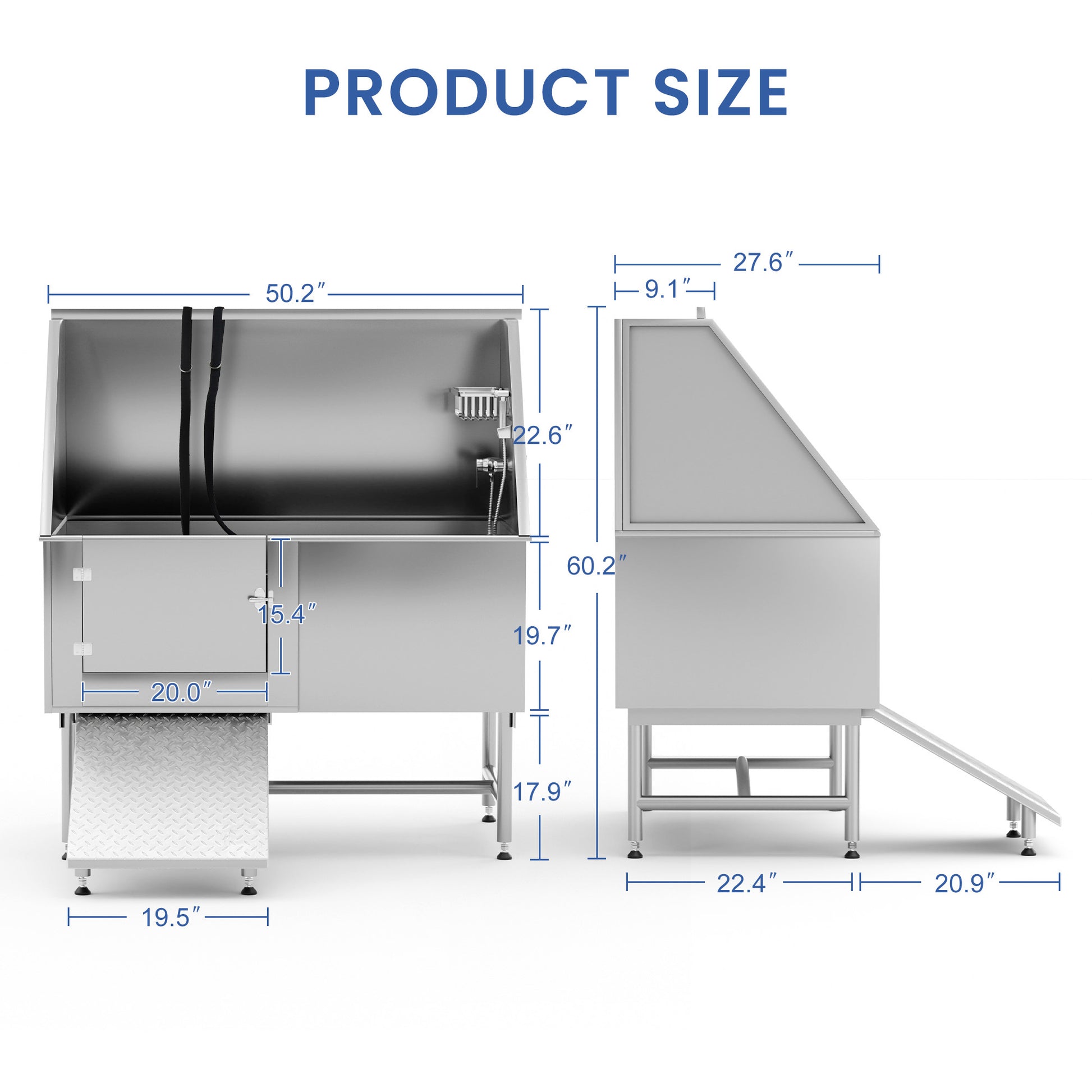 Pet Bathtub 50 Inch Professional Dog Rinse Station Left Side Ramp With Faucet, Leash And Other Accessories, Adjustable Legs, Pet Wash Station For Dogs Of All Sizes,50.2"L X 27.6"W X 60.2"H Silver Stainless Steel