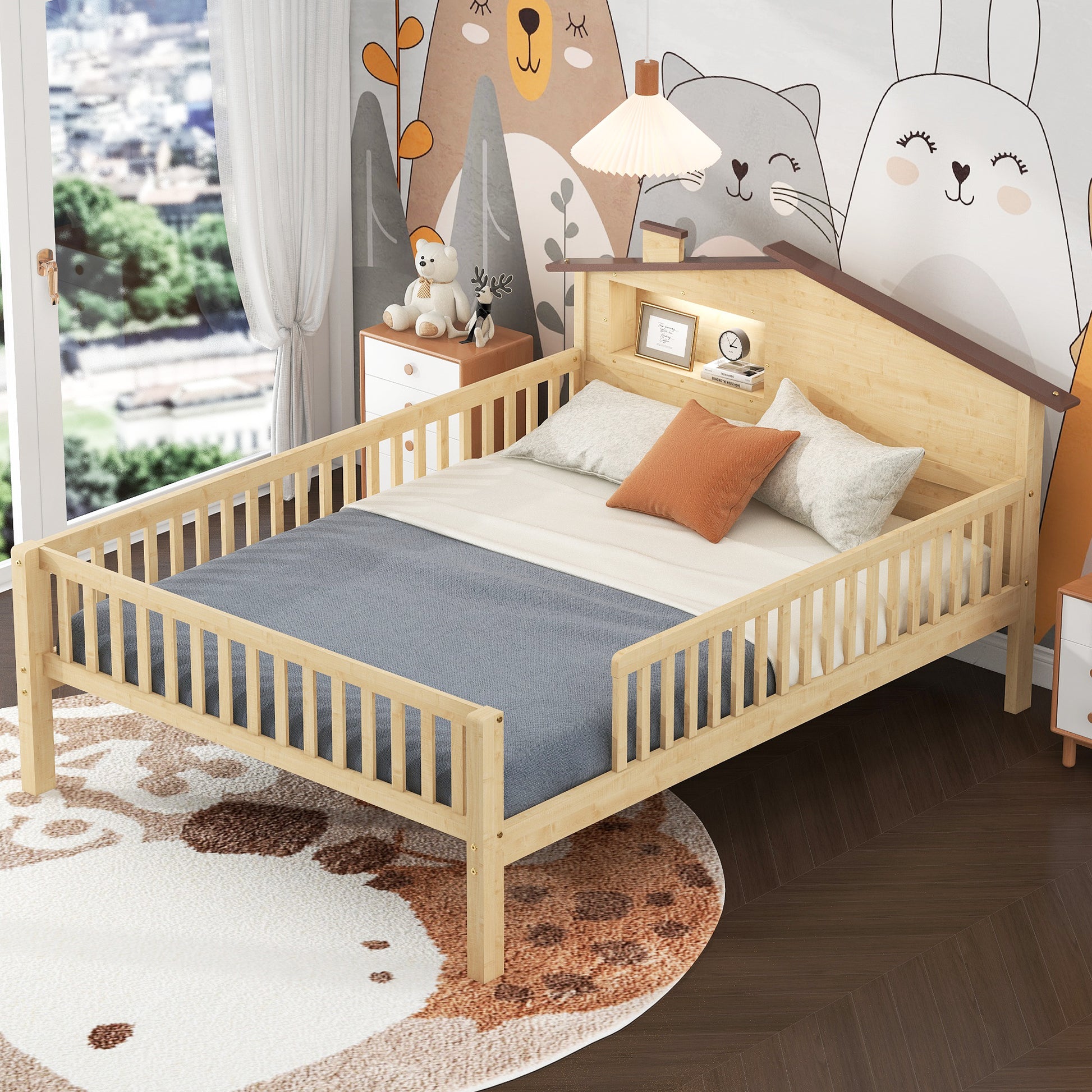 Full Size Wood Platform Bed With House Shaped Headboard, Led And Built In Storage, Natural Box Spring Not Required Full Natural Wood Bedroom Bed Frame Wood